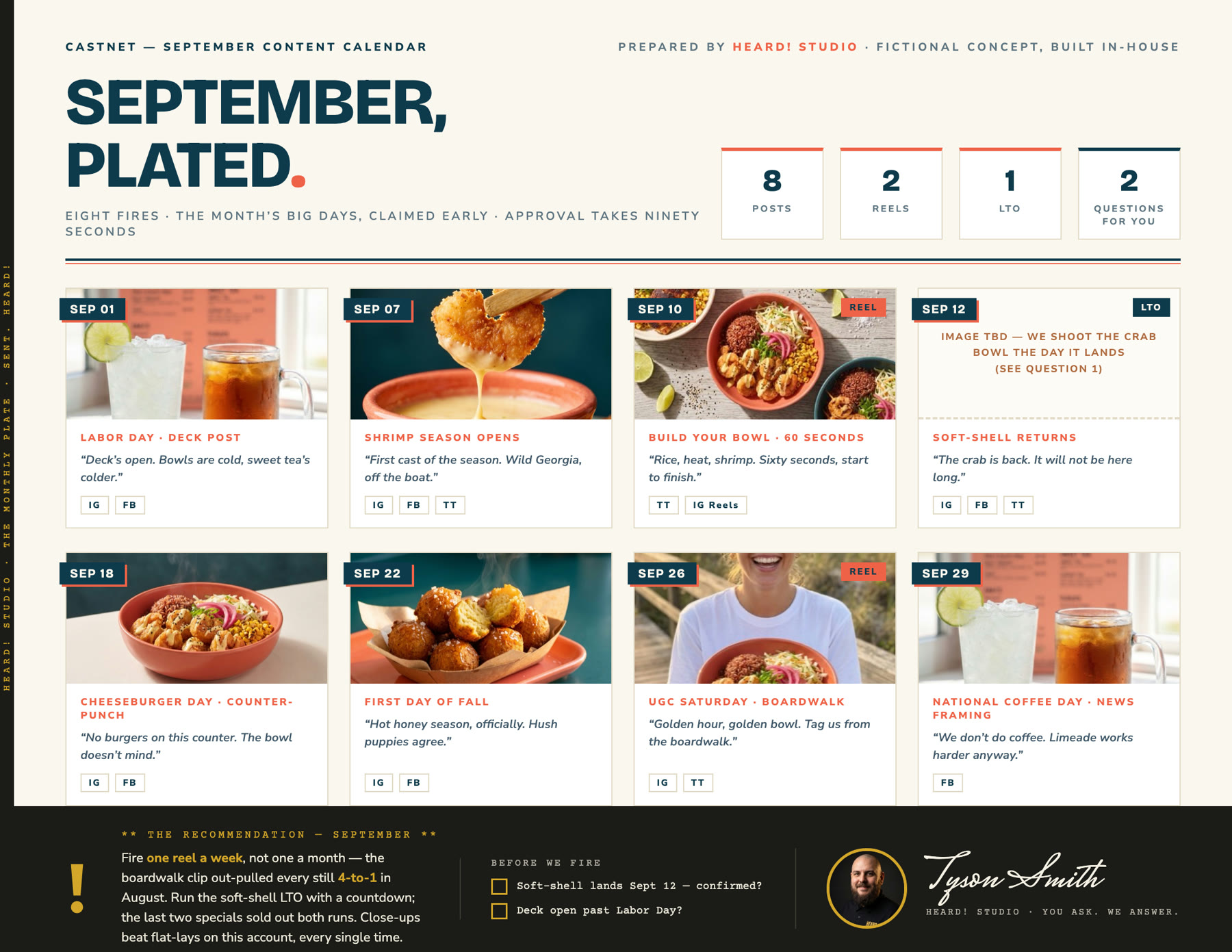 Heard! Studio monthly content calendar for Castnet — September plan with date blocks, post images, caption starters, an image-TBD box, a signed recommendation, and two yes/no questions for the owner
