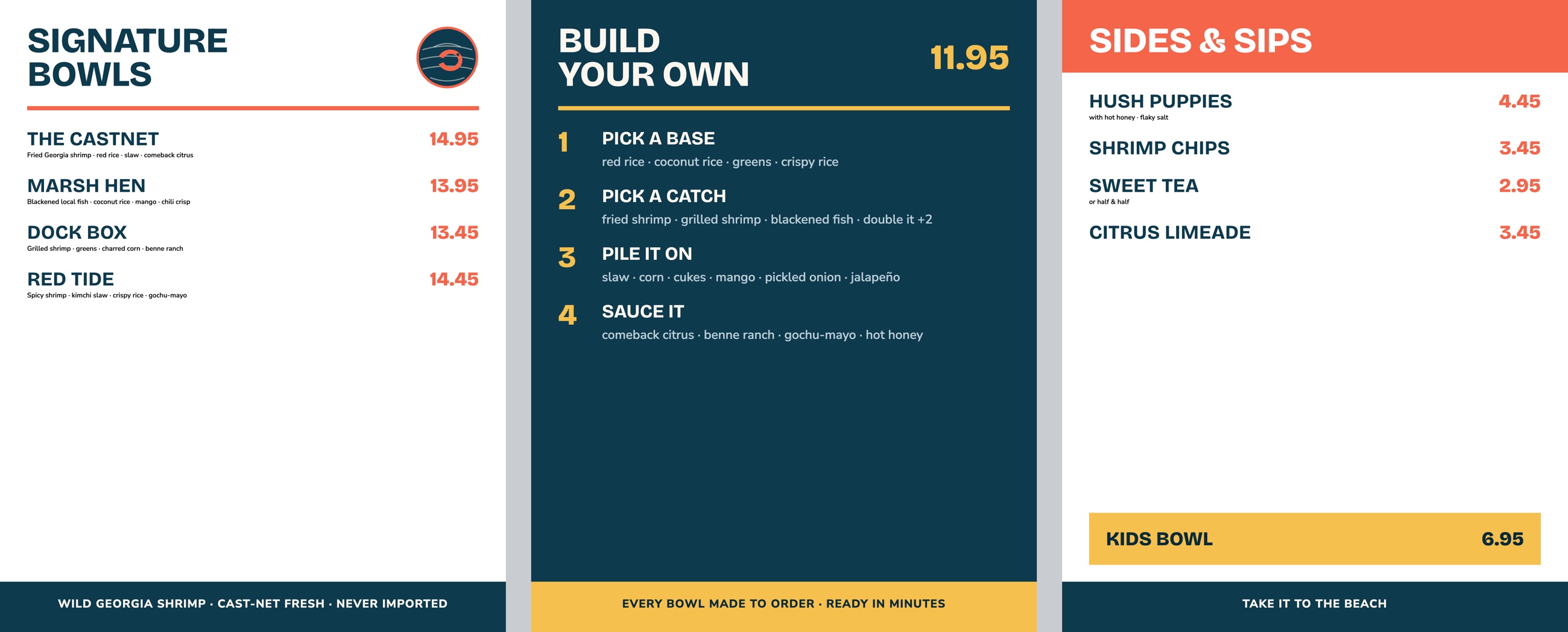 The three Castnet menu panel designs flat: Signature Bowls, Build Your Own, Sides and Sips