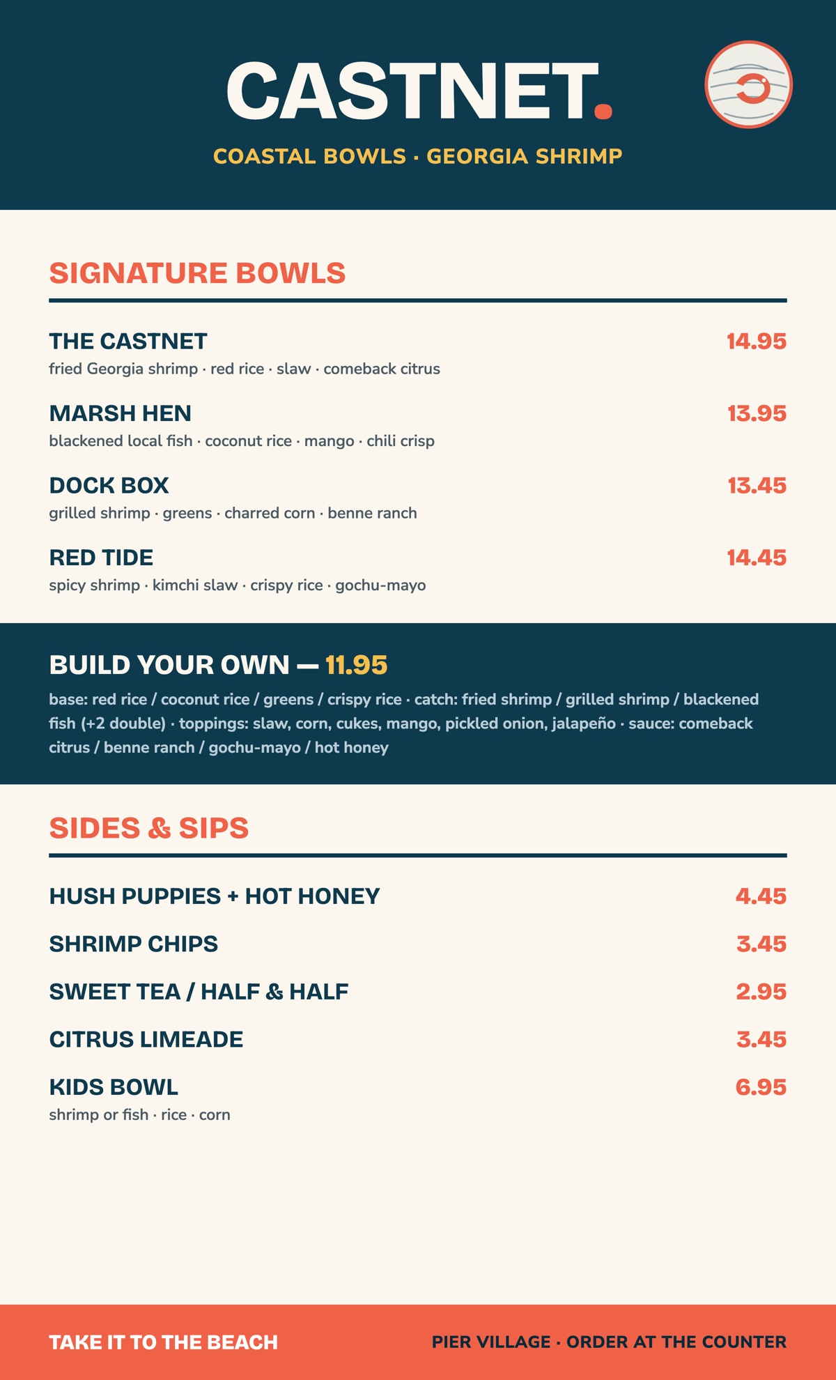 The Castnet takeout menu flat artwork: teal header with roundel, coral section heads, full priced menu