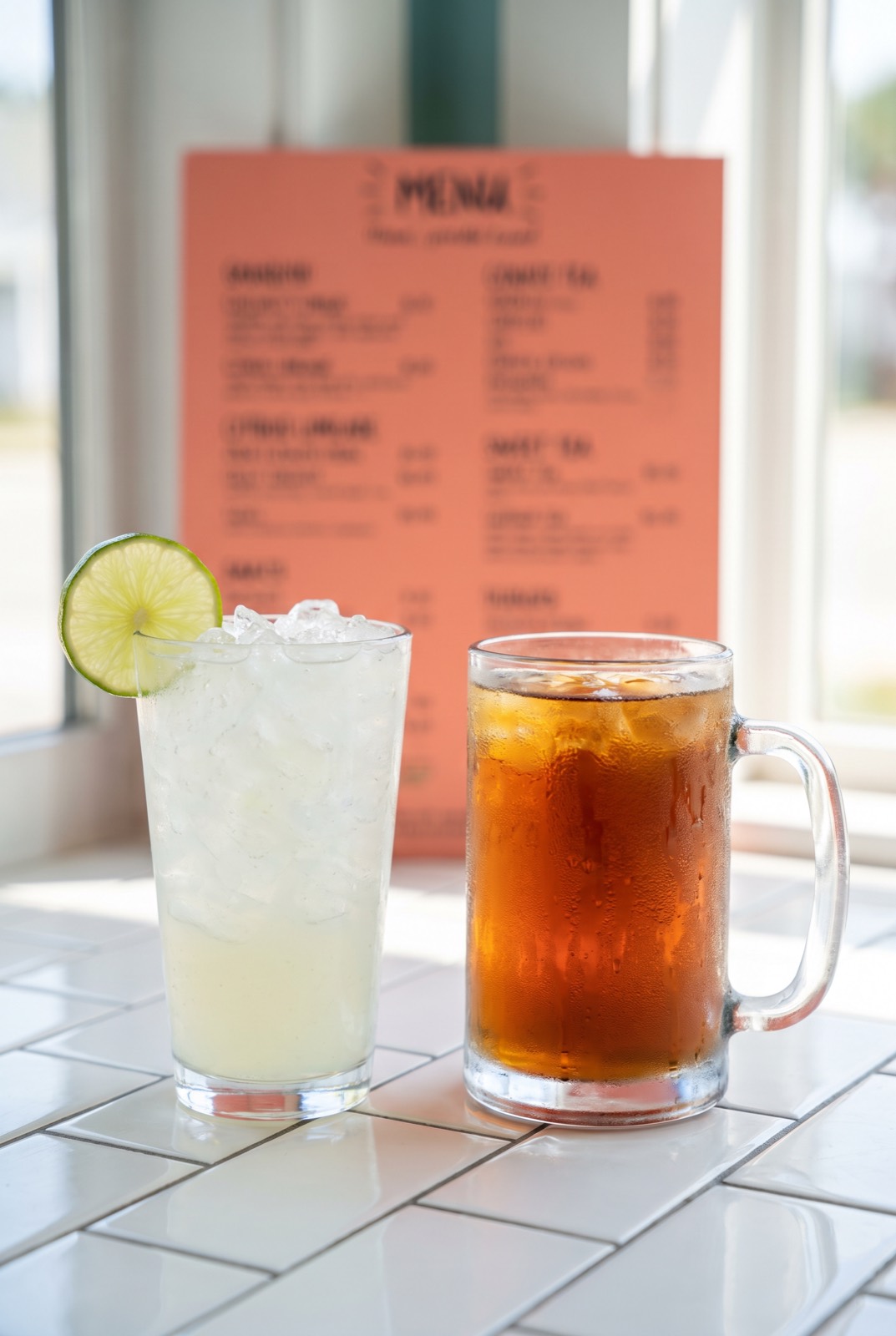 Citrus limeade and sweet tea on the tile counter