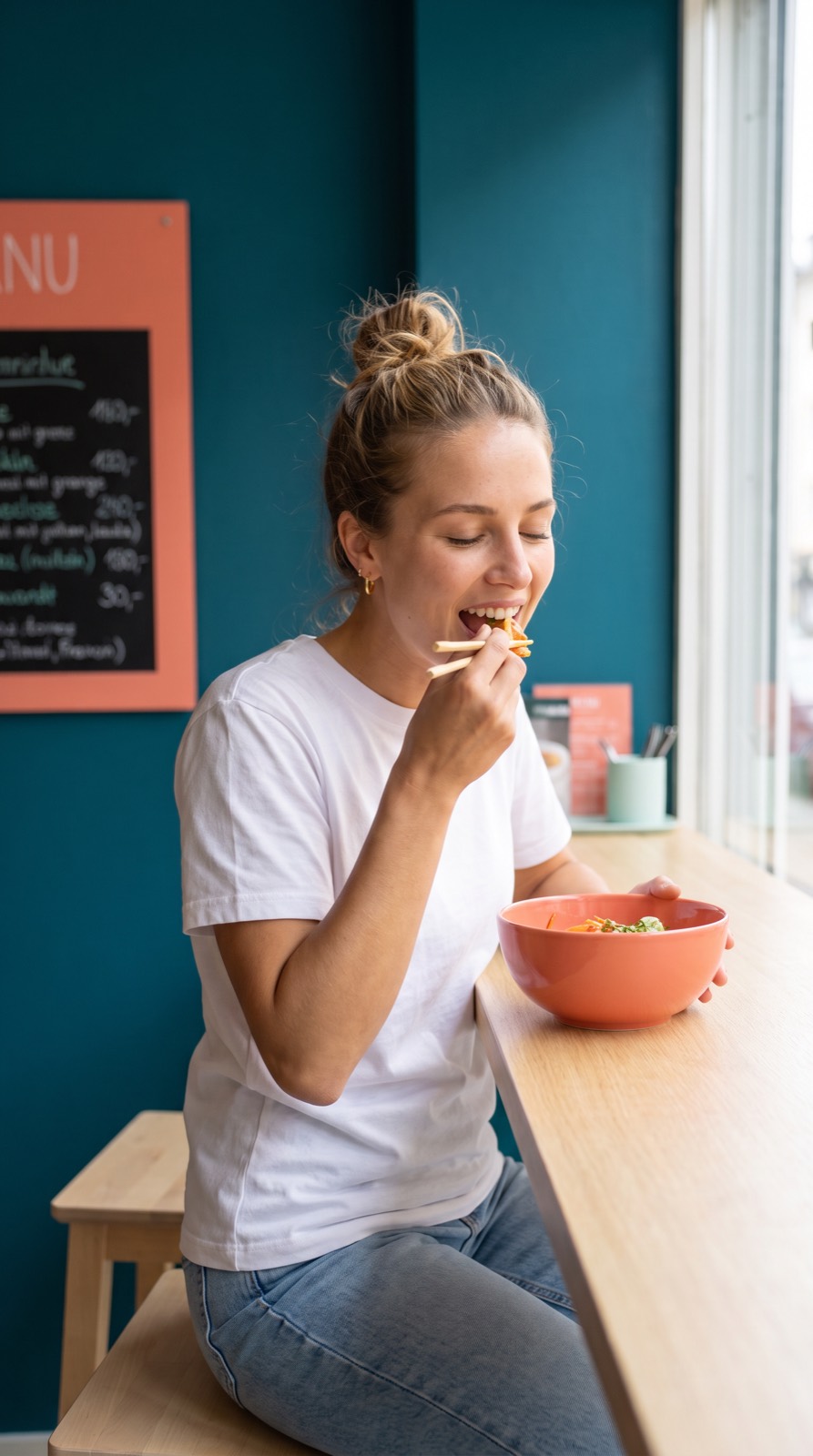 Customer taking the first bite at the counter, story format