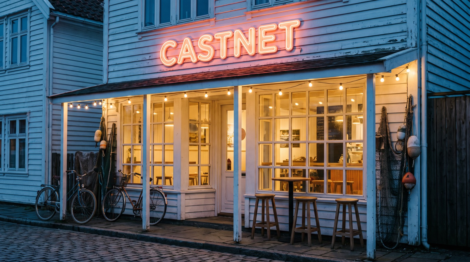 Beach-shack storefront with CASTNET in coral neon over the porch