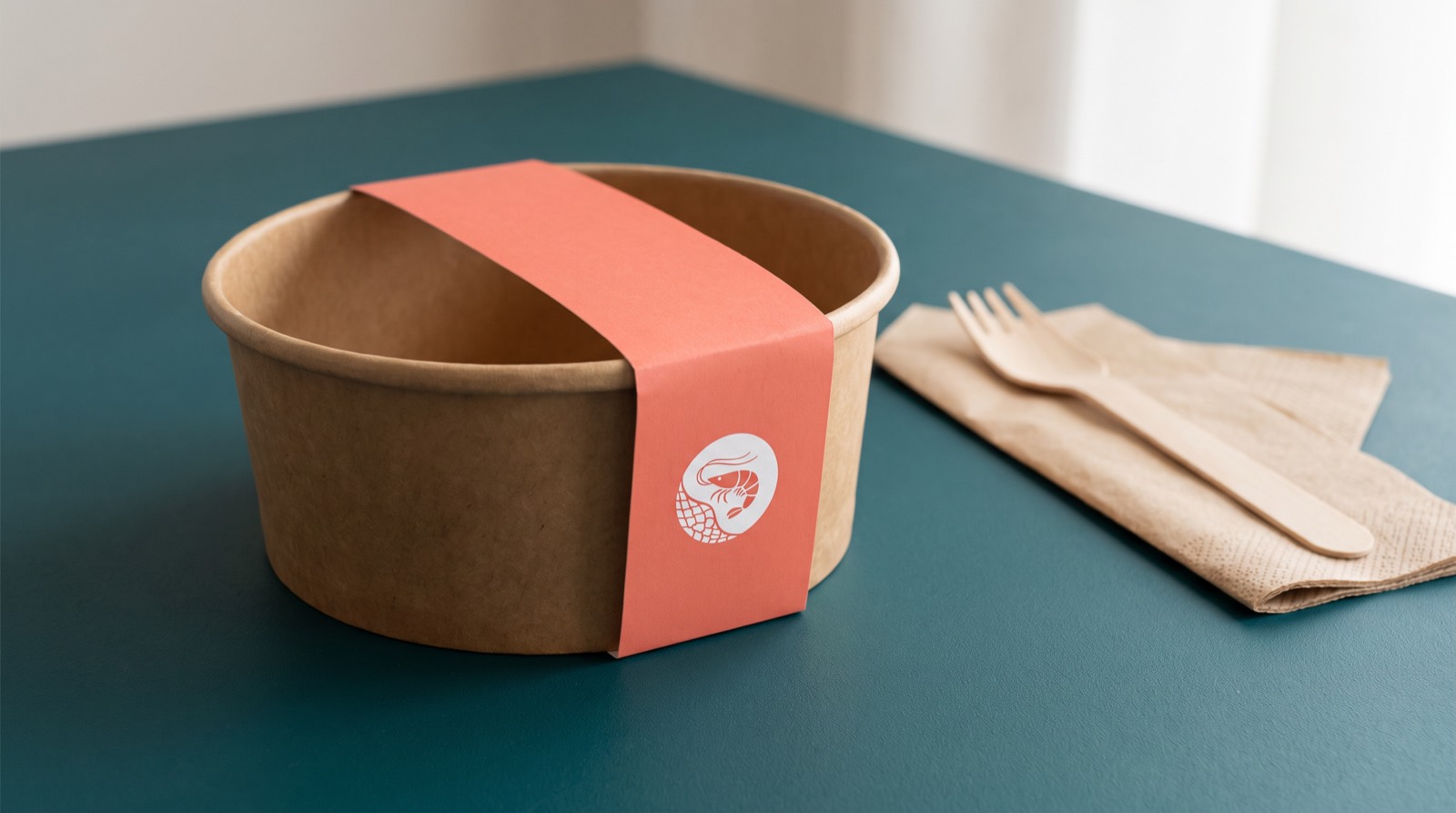 Kraft takeout bowl with coral band and shrimp roundel logo, wooden fork and napkin