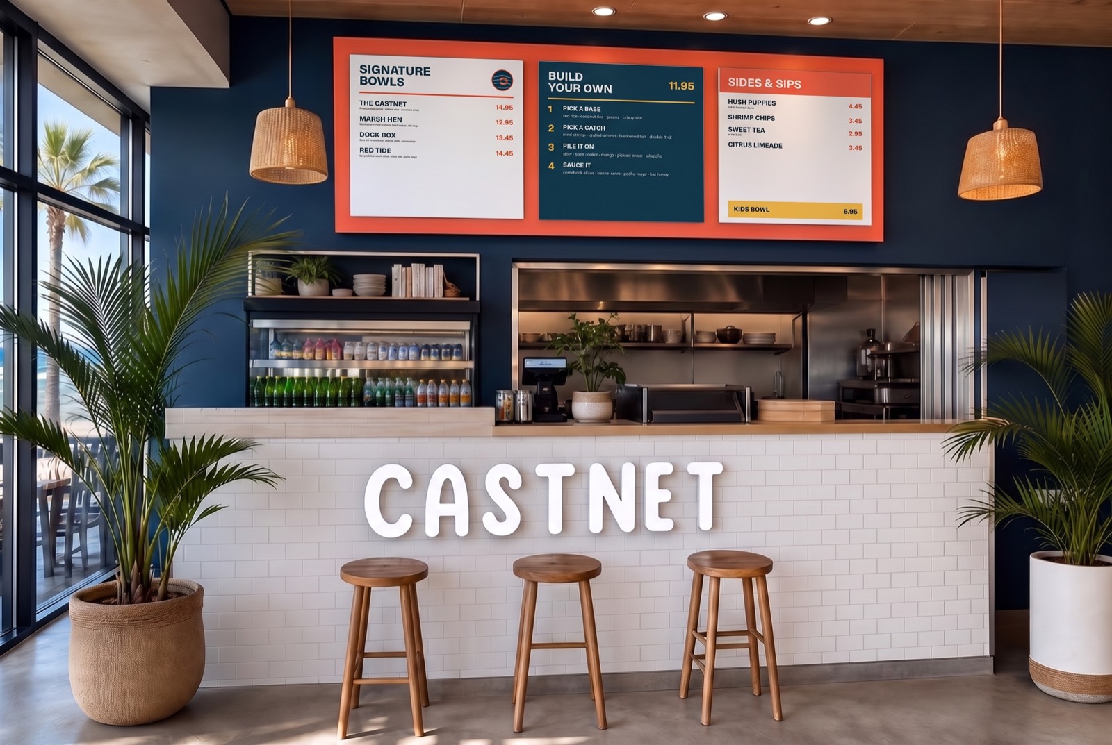 Castnet counter with coral menu board panels above, CASTNET lettering on the tile