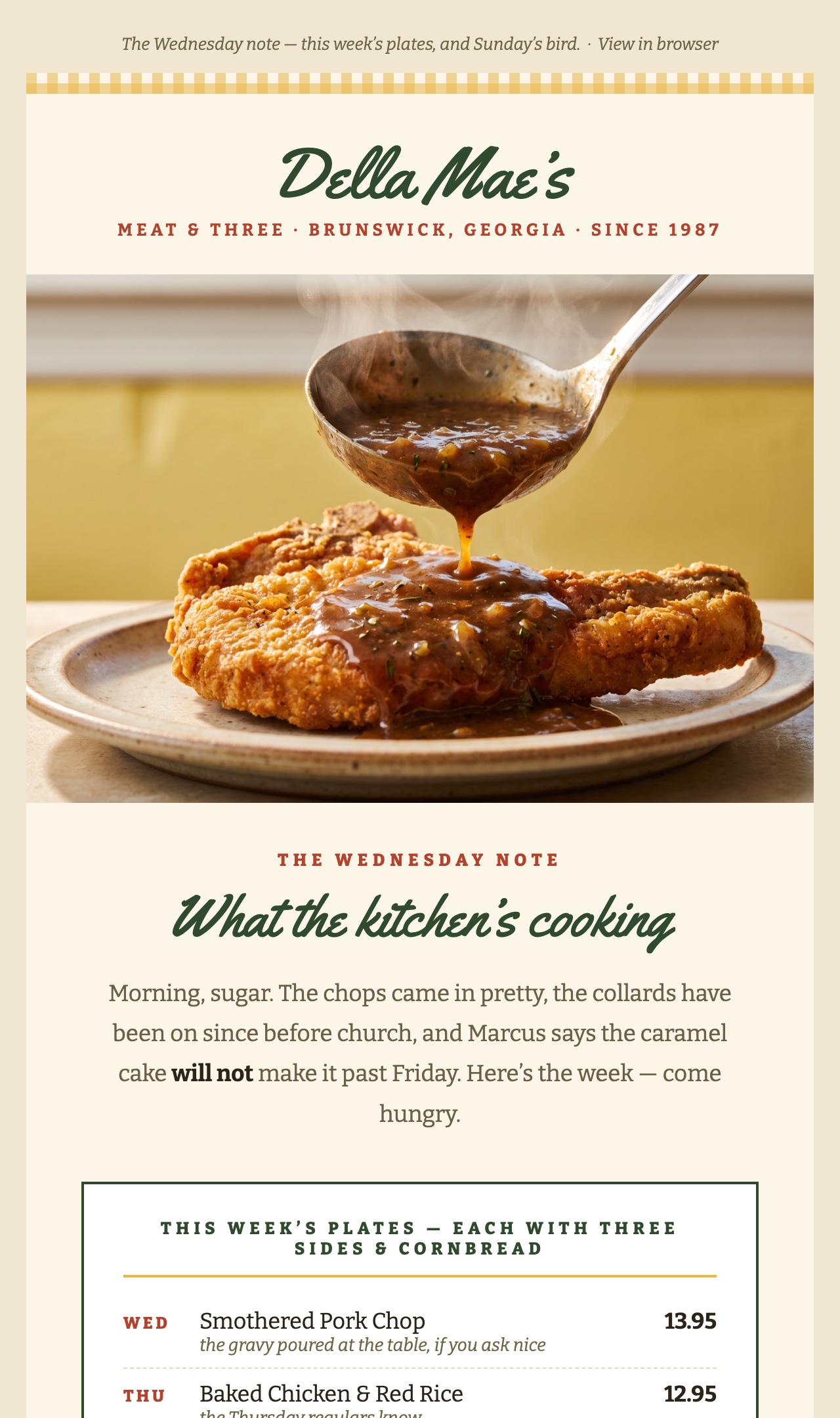 The Wednesday-note email, top half: gingham band, script logo, gravy hero, and this week's plates card