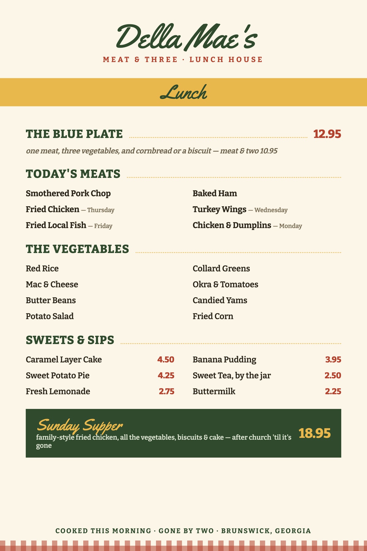 Della Mae's lunch menu flat artwork: script masthead, yellow Lunch band, meat-and-three sections
