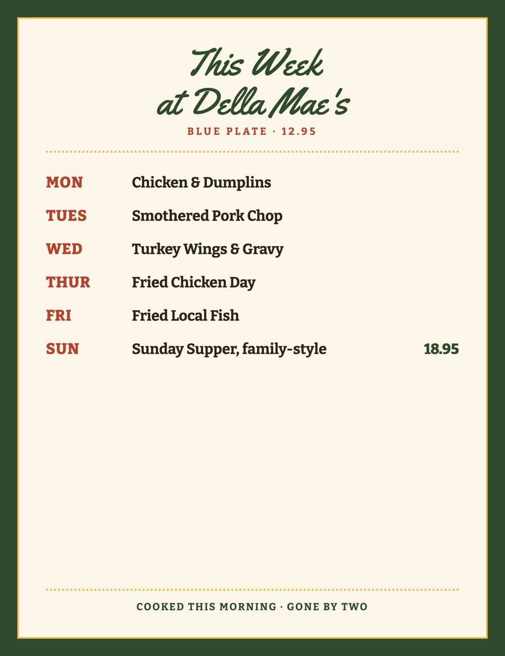 This Week at Della Mae's specials card artwork with daily meats