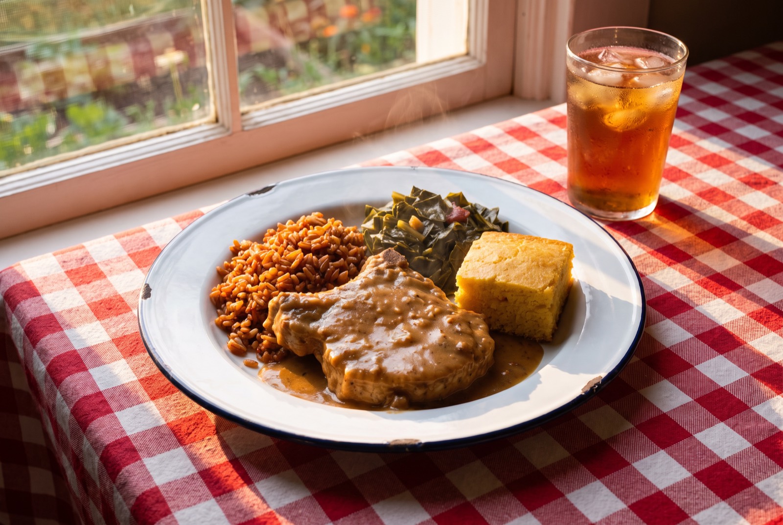 The blue plate: smothered pork chop, red rice, collards and cornbread on gingham by the window with sweet tea