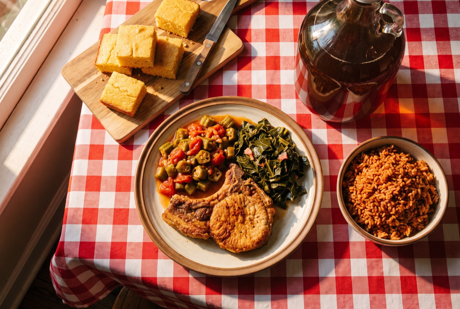 Overhead meat-and-three spread on gingham