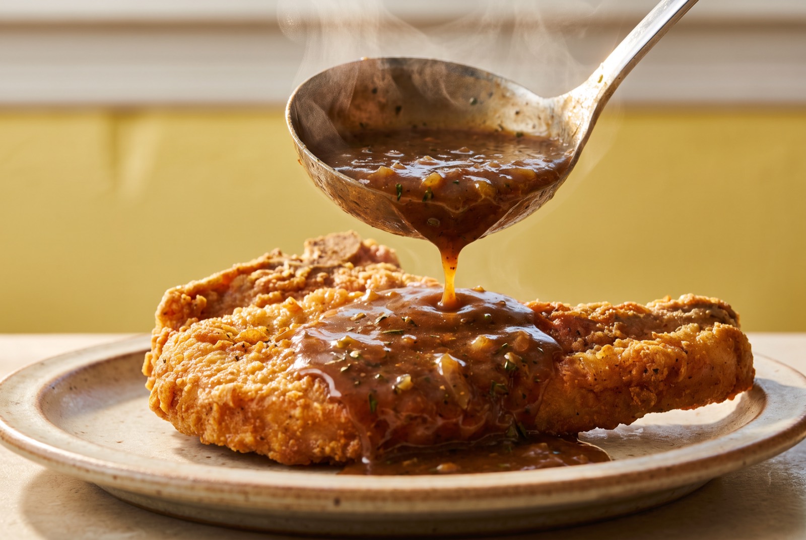 Gravy ladled over a crispy pork chop, steam rising
