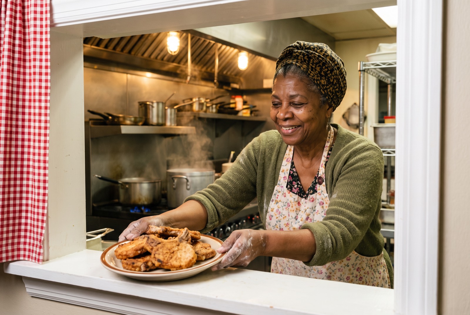 Miss Della sliding a plate of pork chops through the kitchen pass window