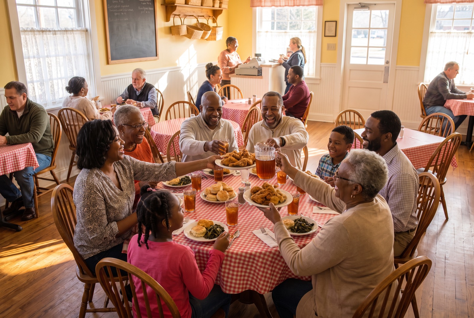 Multigenerational family at lunch in the butter-yellow dining room