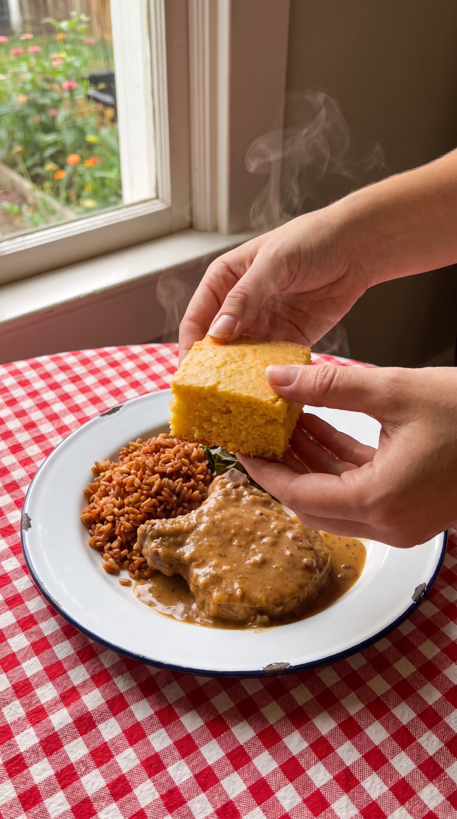 Hands lifting a cornbread square, steam rising, story format