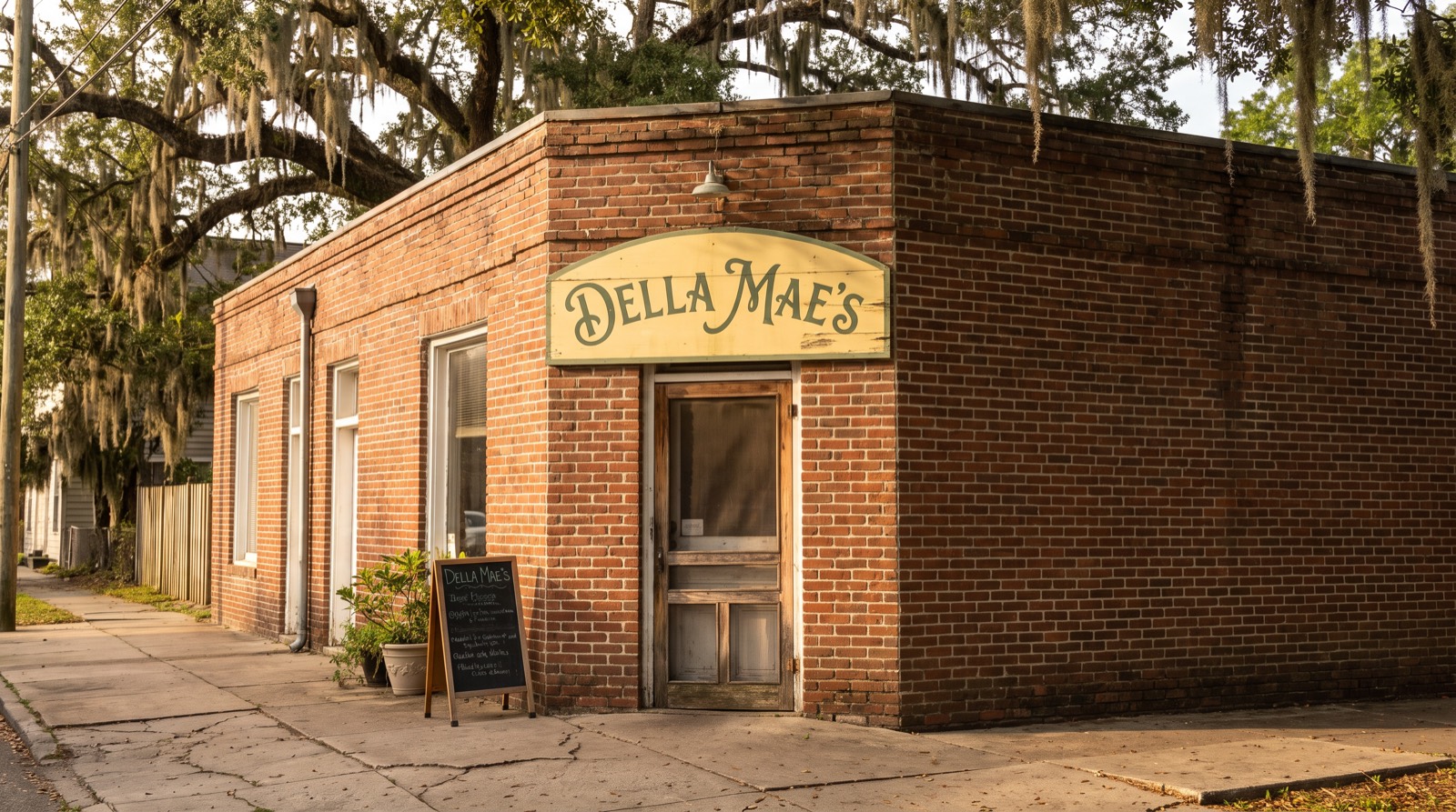 Brick corner building with hand-painted Della Mae's sign under Spanish moss at golden hour