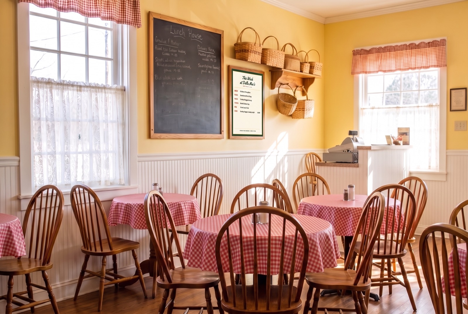 The dining room with the framed weekly specials card on the butter-yellow wall