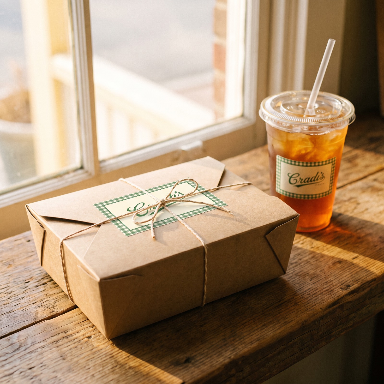 Kraft to-go box tied with twine, cream label with green script logo