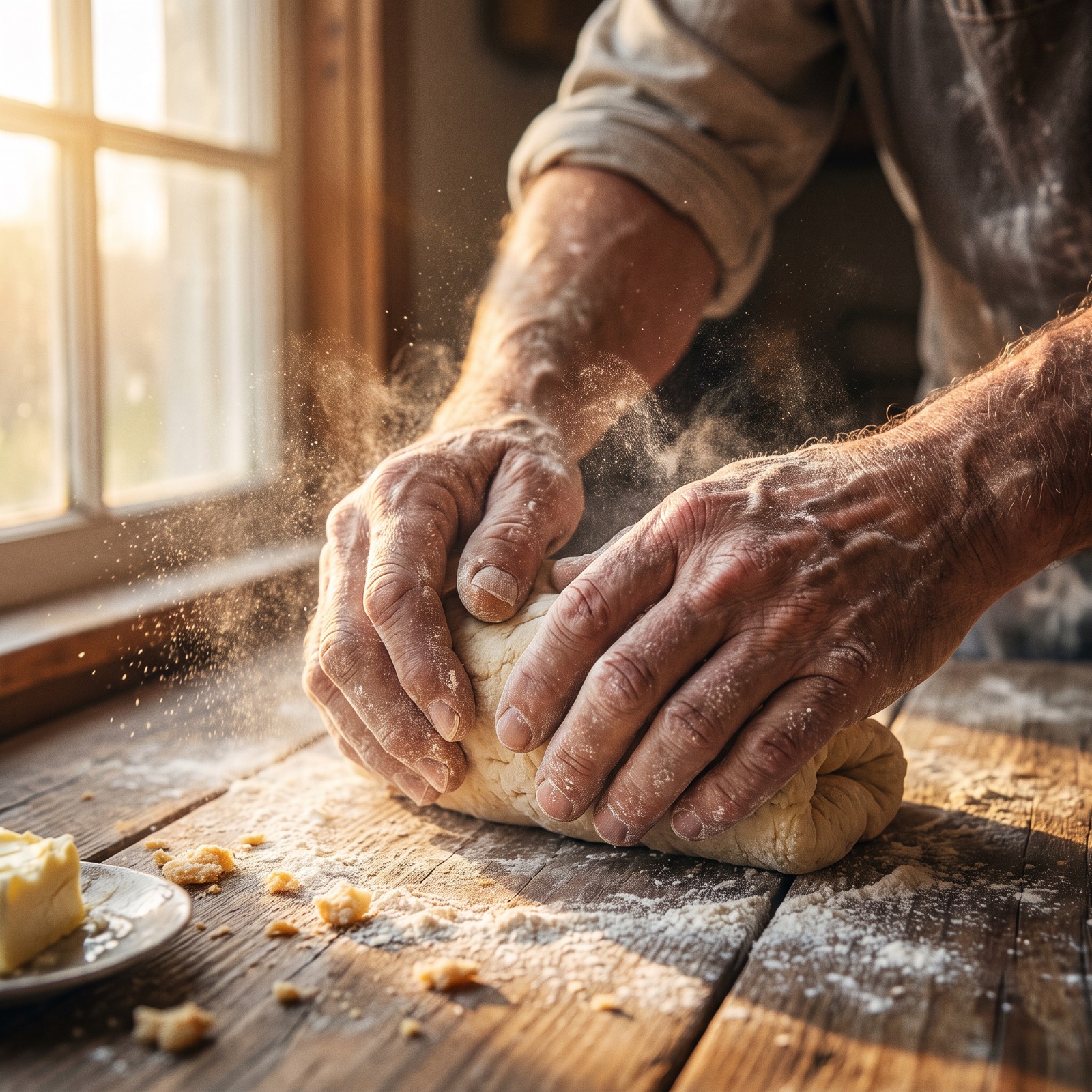 Flour-dusted hands folding biscuit dough