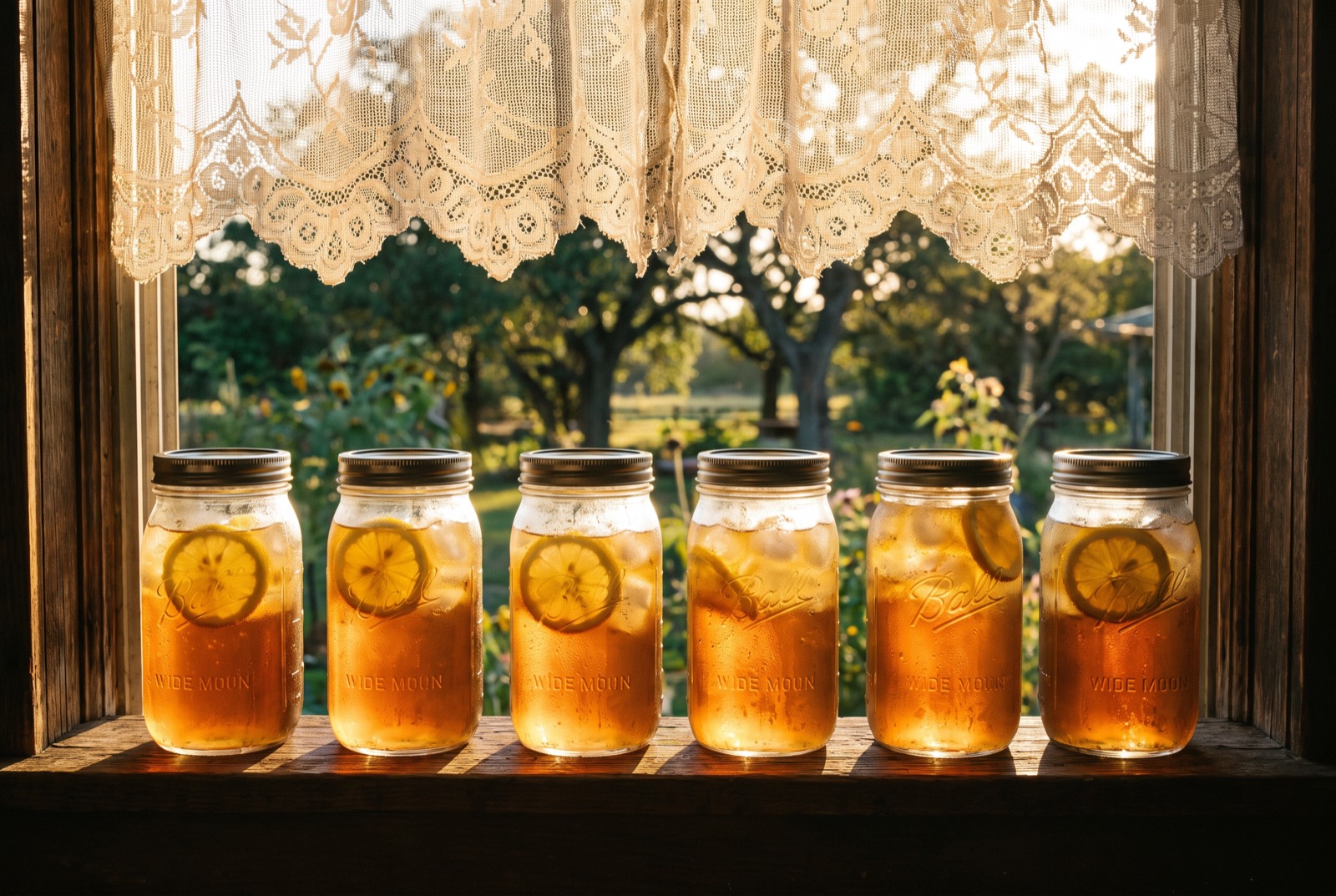 Mason jars of sweet tea backlit on a windowsill