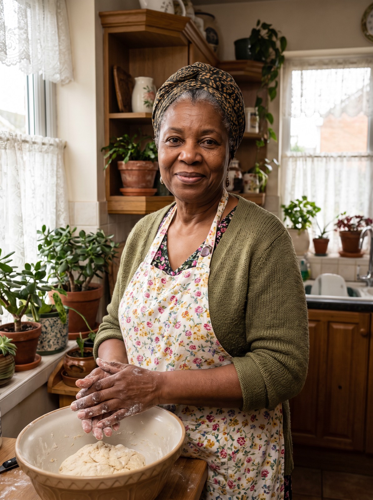 Portrait of Miss Della in her floral apron, flour on her hands