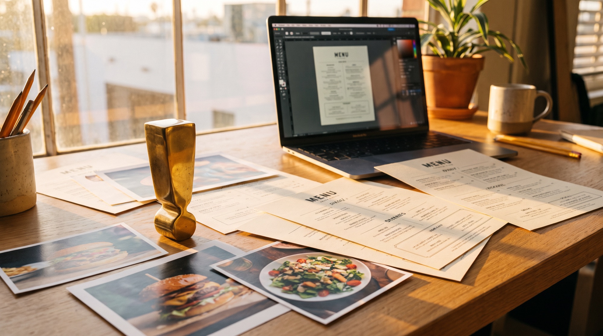 The studio desk at golden hour: menu proofs, food photography prints, and a brass exclamation-point paperweight