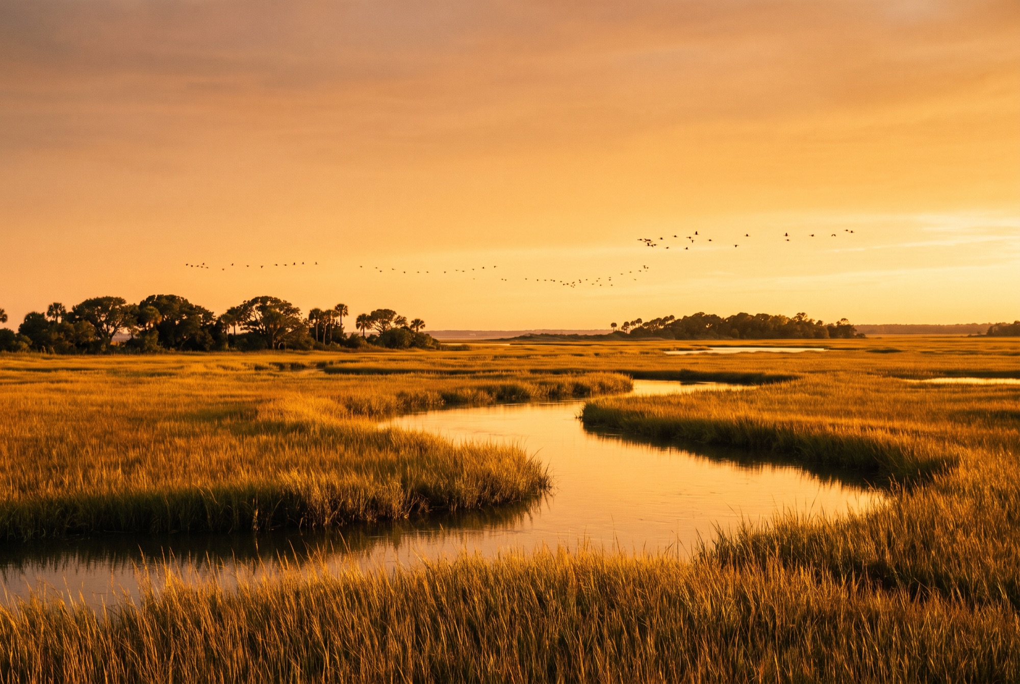 Golden Isles salt marsh at golden hour, a tidal creek winding through miles of gold spartina grass