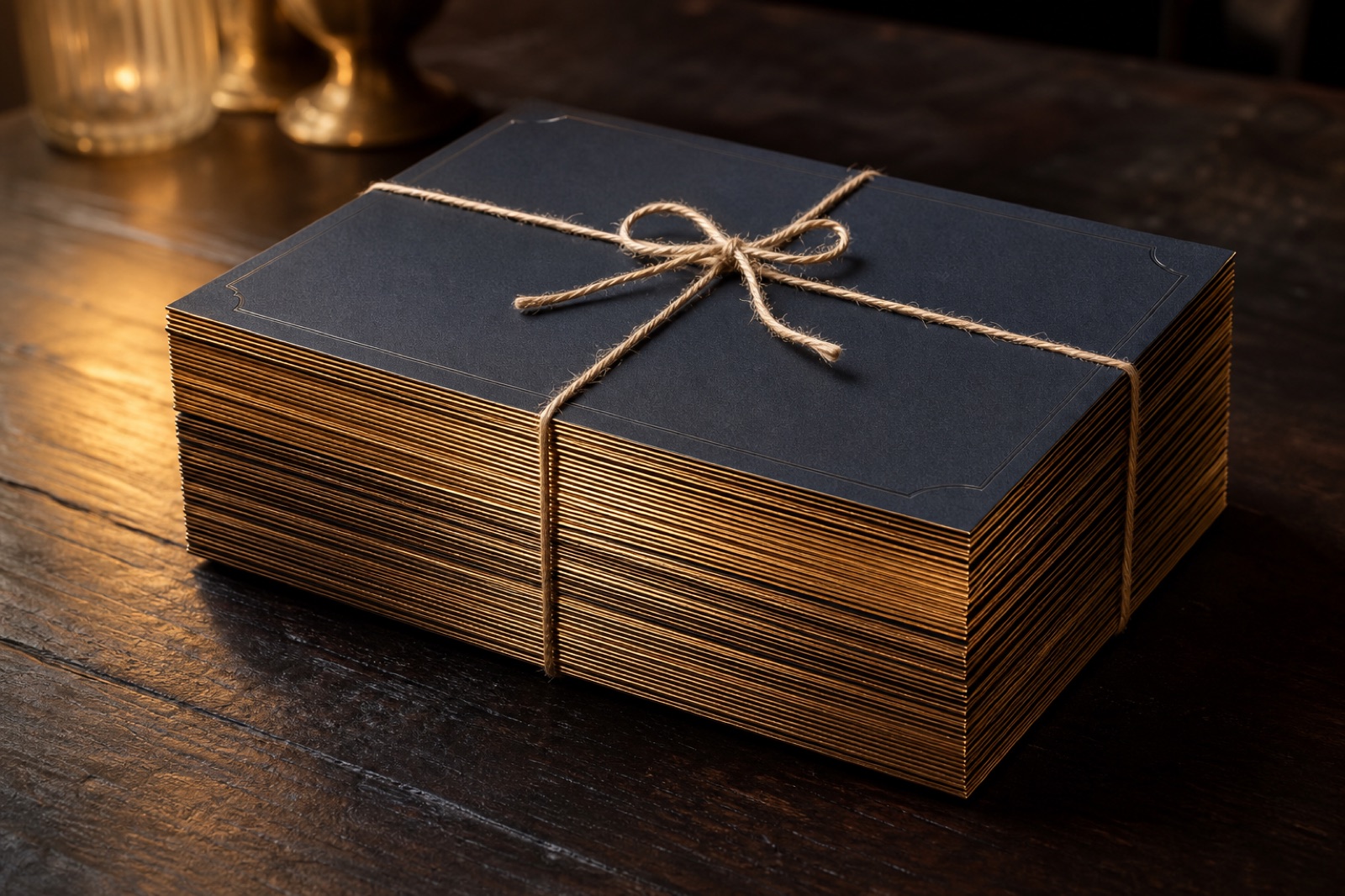 A stack of freshly printed ink-black menus with gold edges, tied with butcher twine on dark wood