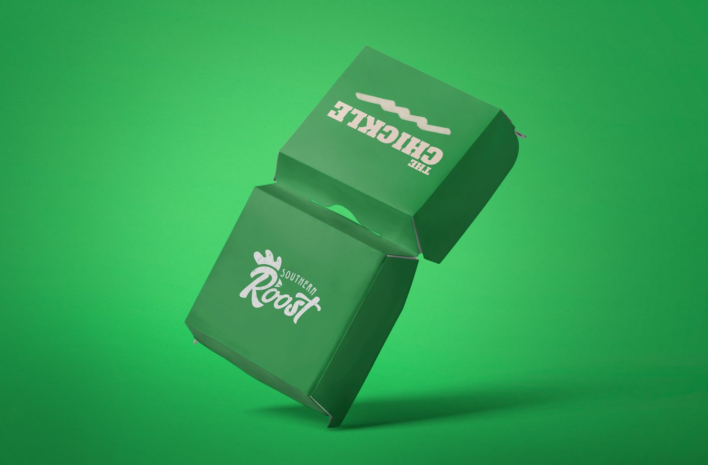 Southern Roost Chickle sandwich box mockup, black box on green