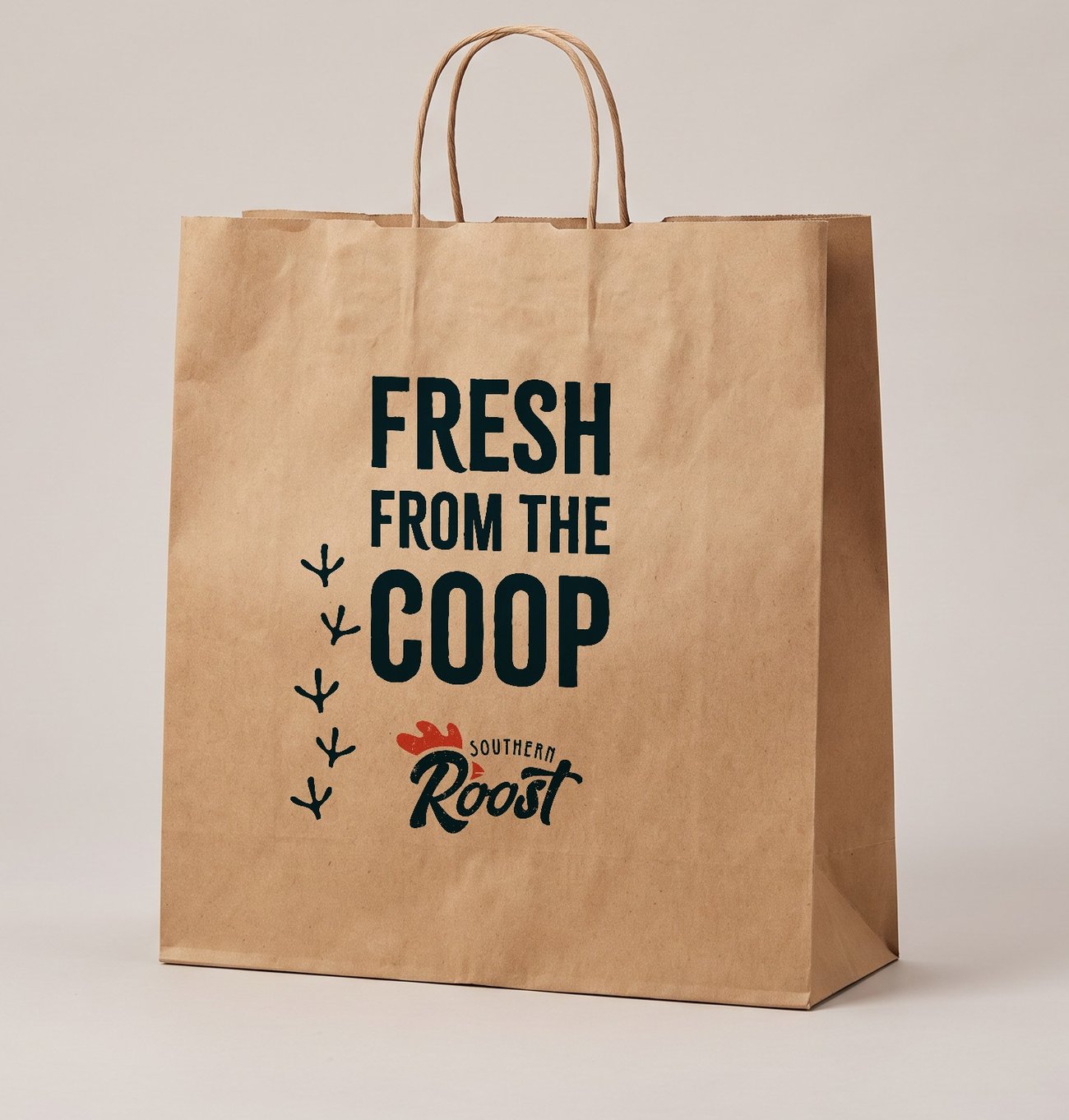 Fresh From The Coop printed on a natural kraft twist-handle bag — Southern Roost takeout bag mockup