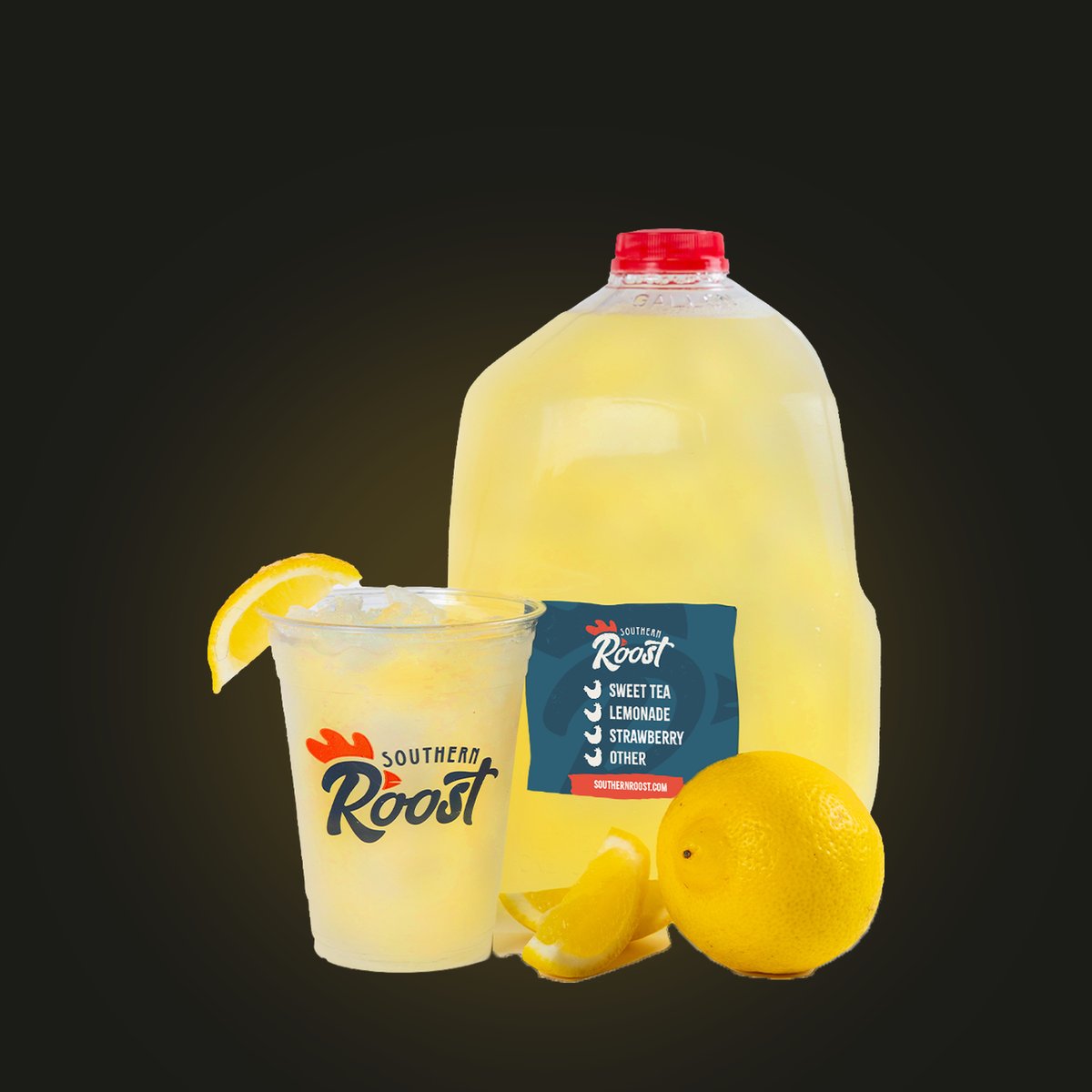 Southern Roost gallon of lemonade with branded jug label, cup and lemons