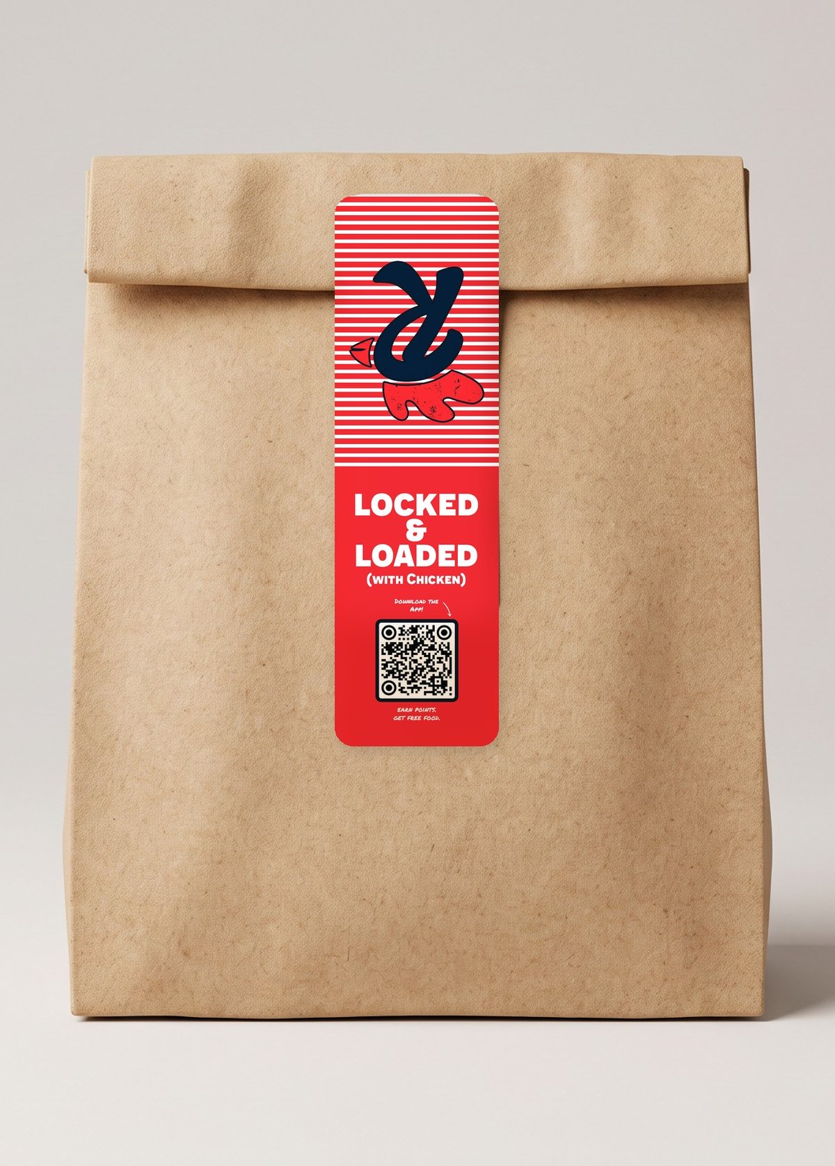 Locked and Loaded (with chicken) tamper-evident sticker sealing a folded kraft takeout bag