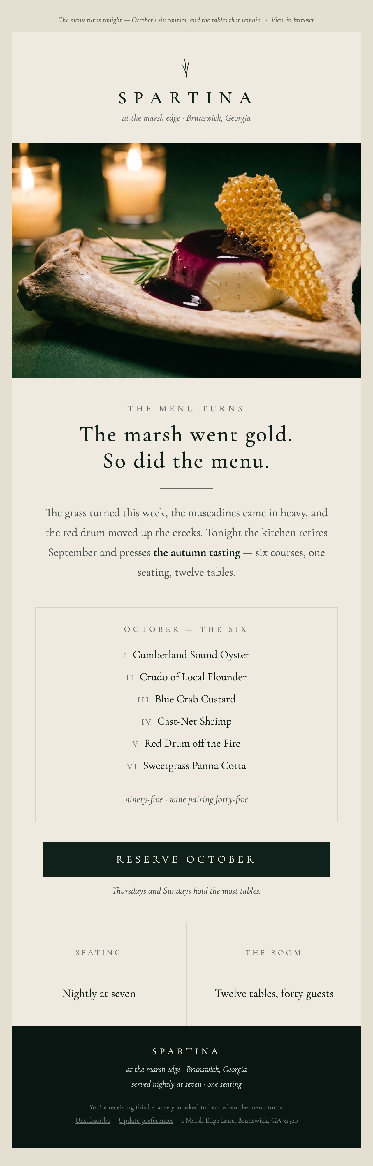 The Spartina menu-turn email design, top to bottom: grass mark, dessert hero, the marsh went gold headline, October's six courses, and Reserve October button