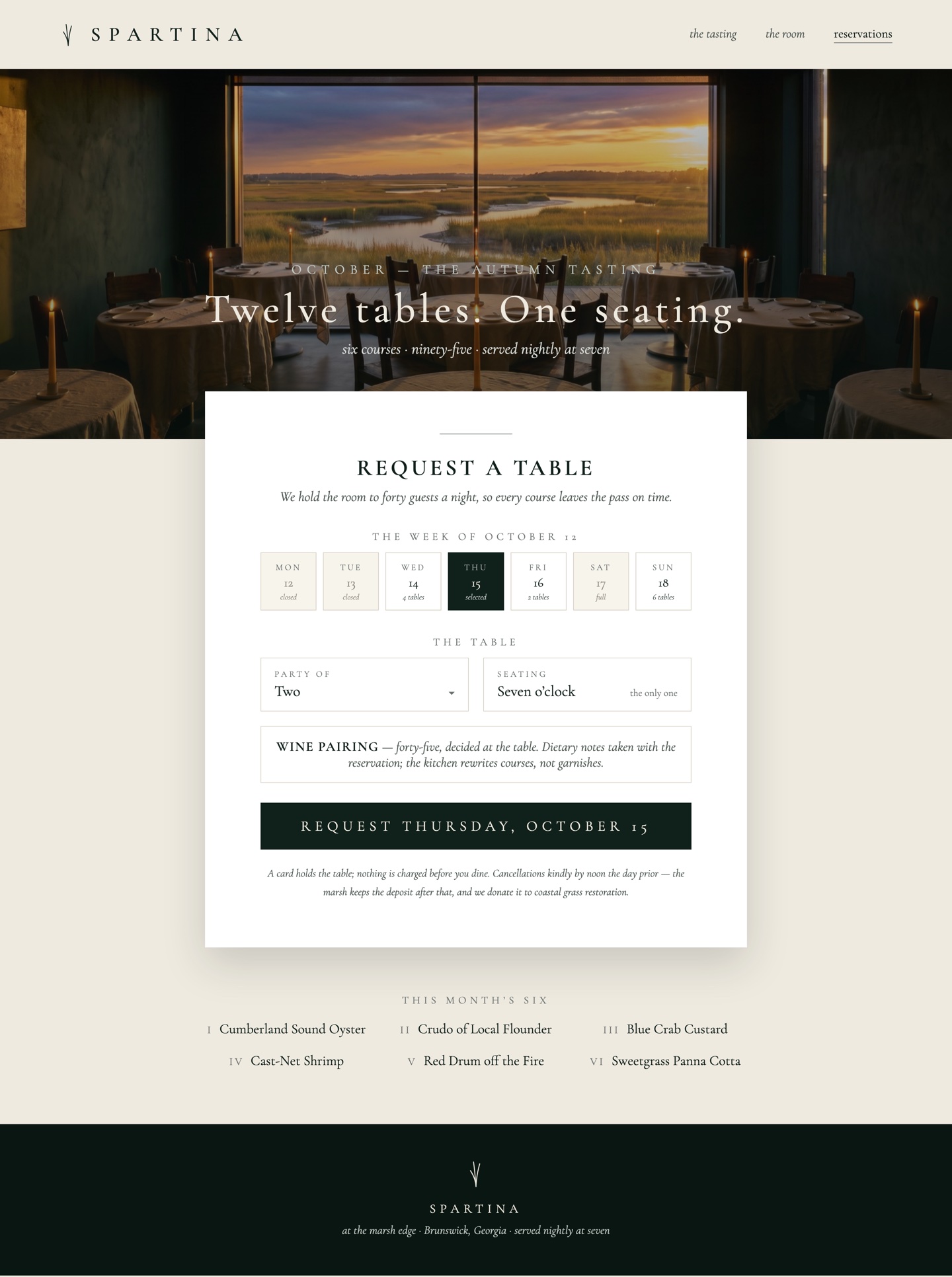 The Spartina reservation page design: hero over the dining room, a week of October dates with availability, party and seating fields, and a Request a Table card