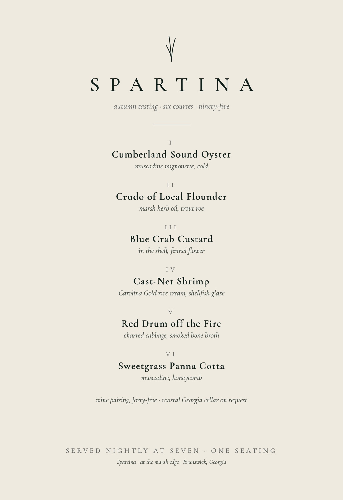 Spartina autumn tasting menu flat artwork: grass-blade mark, letter-spaced wordmark, six numbered courses on bone