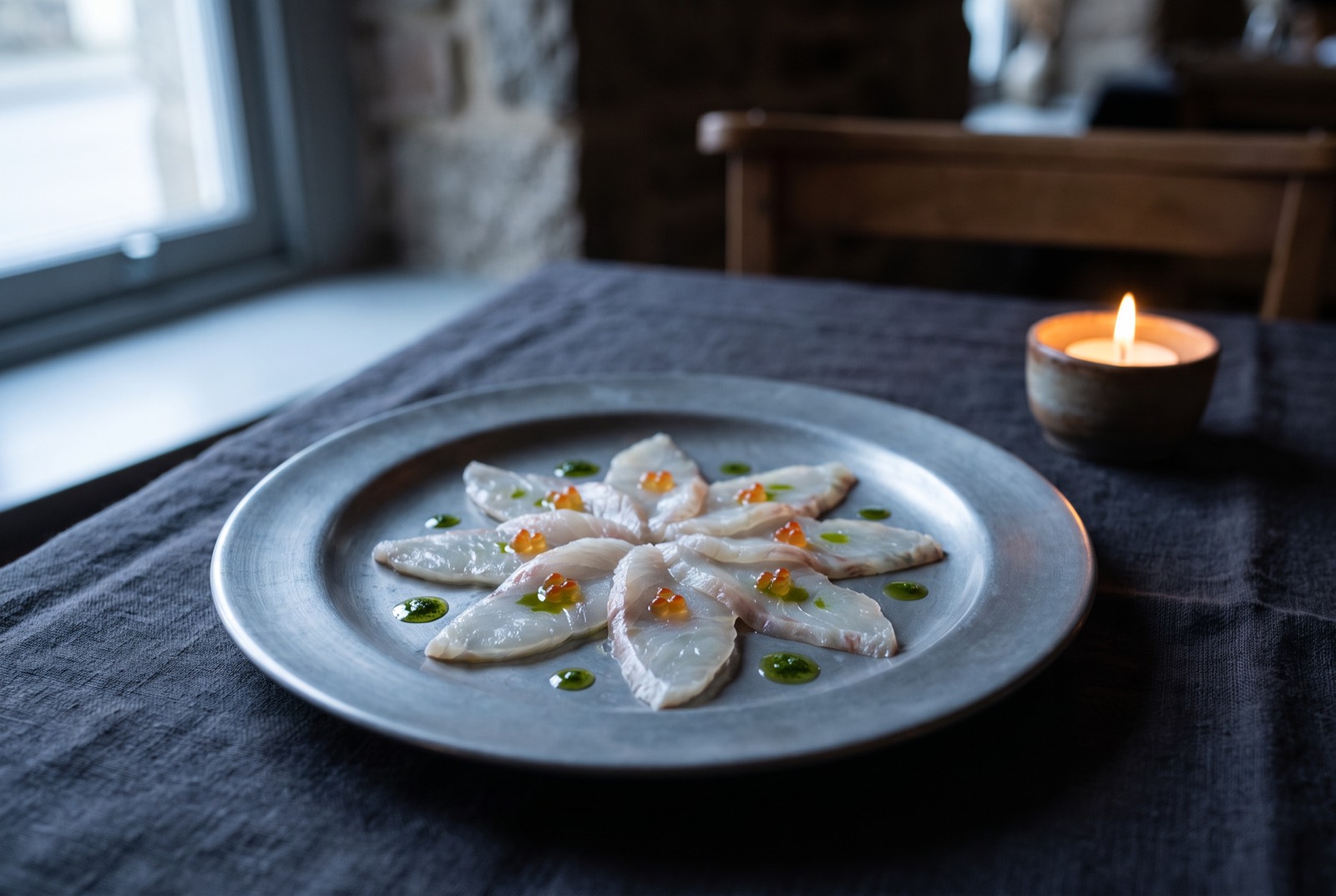 Flounder crudo arranged in a petal pattern on pewter with herb oil and trout roe, window light
