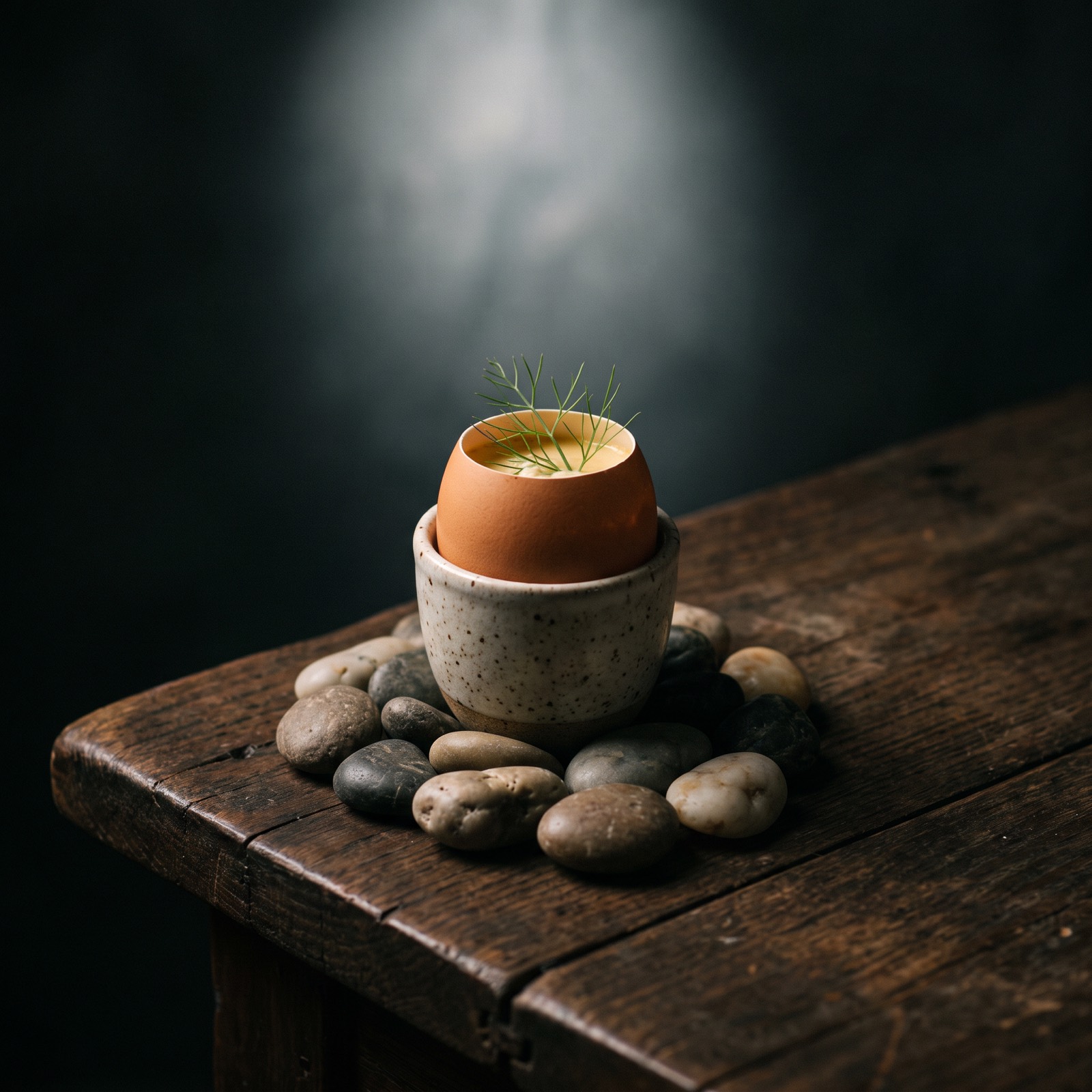 Blue crab custard served in the shell on river stones, single overhead beam
