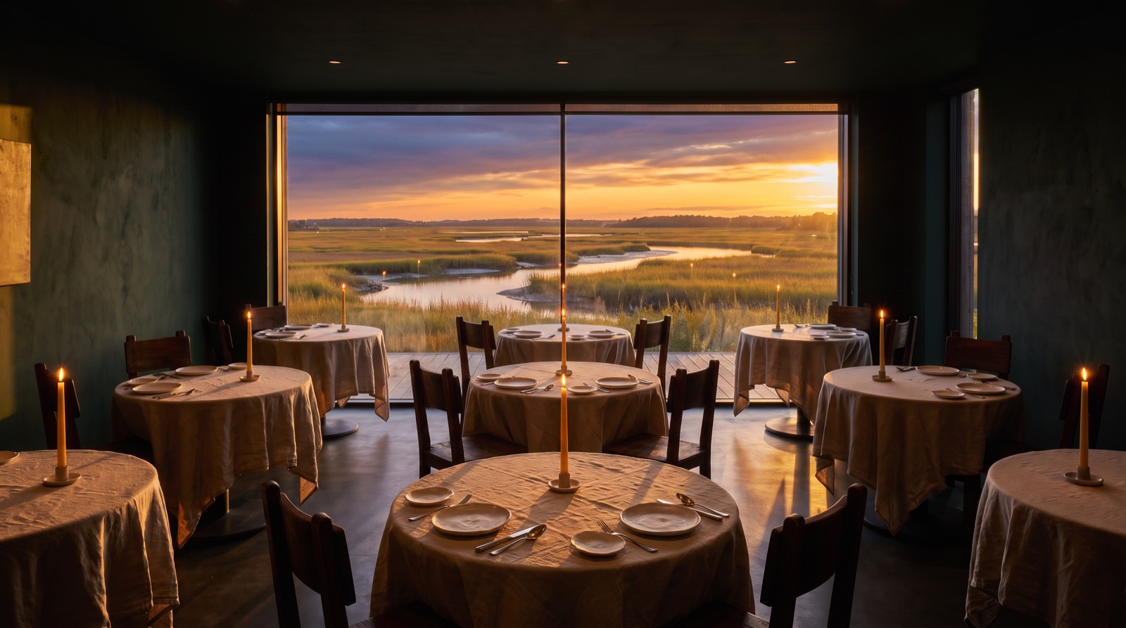 The dining room at golden hour: linen tables, taper candles, and the marsh through the glass wall