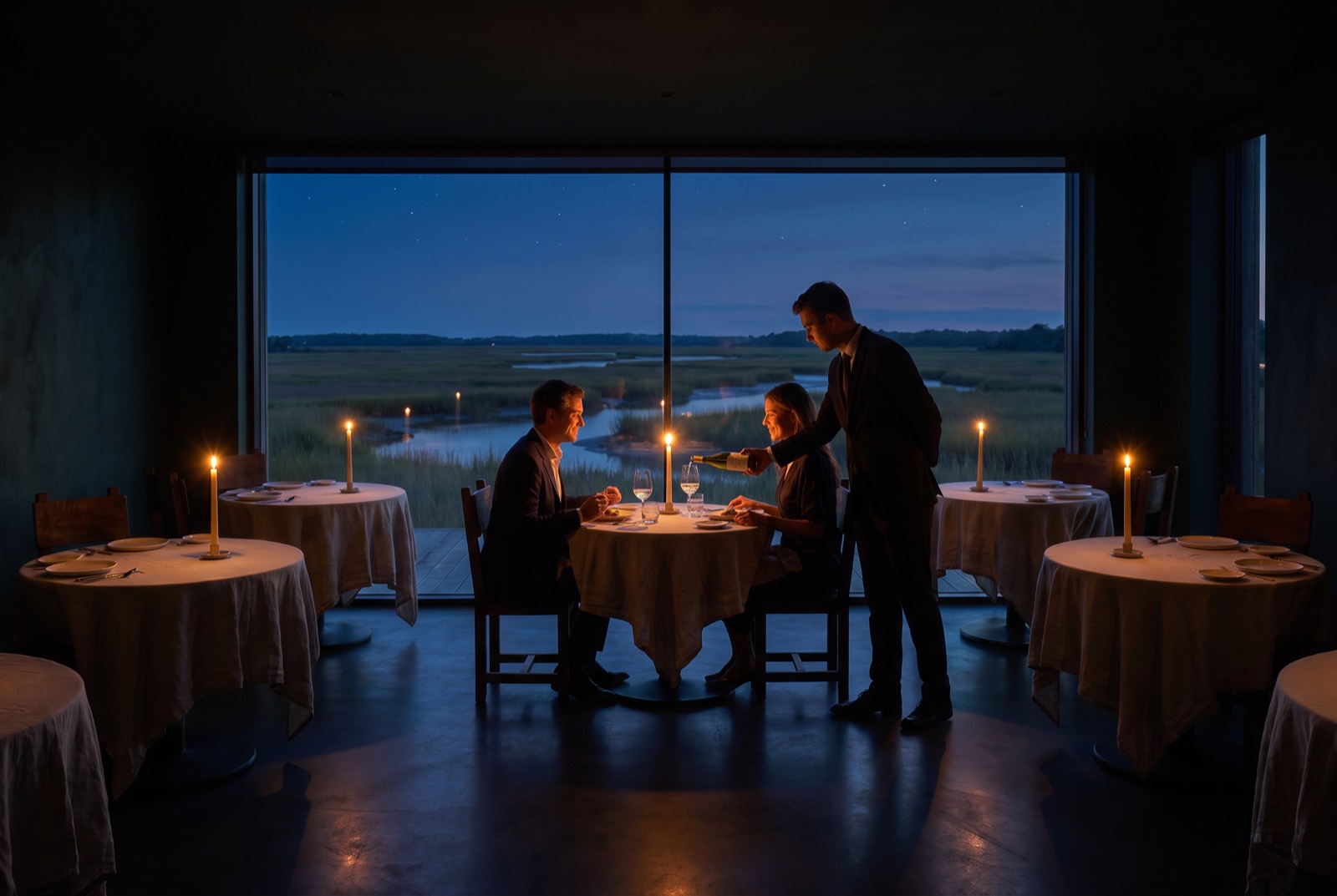 A couple served by candlelight at dusk, floor-to-ceiling windows over the darkening marsh