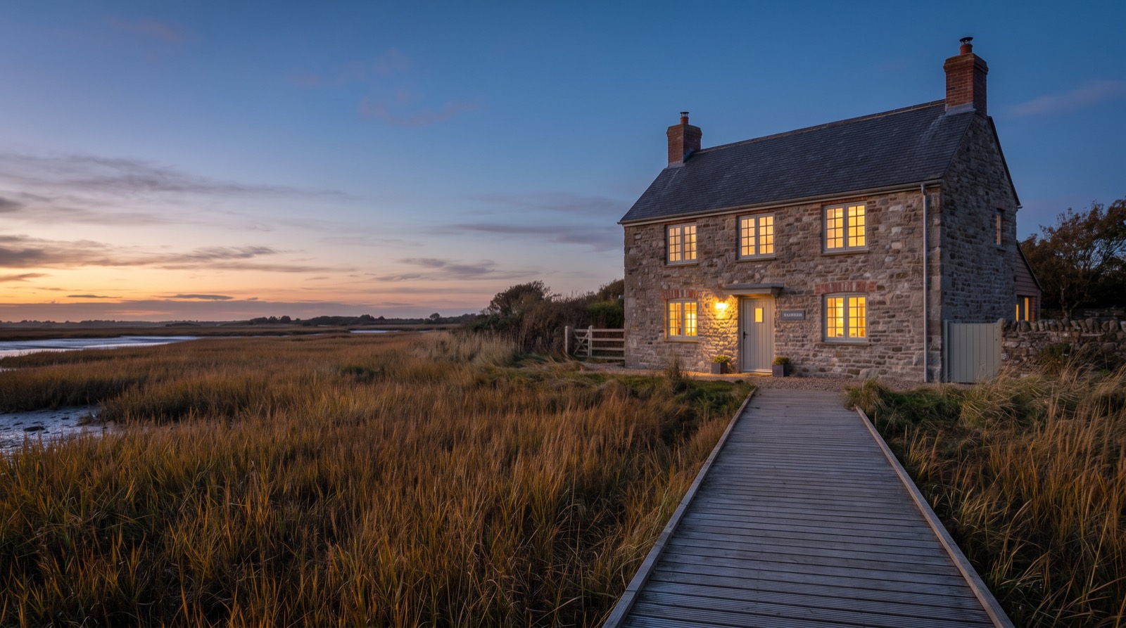 The low cedar-clad tasting room at dusk, warm windows glowing against the marsh