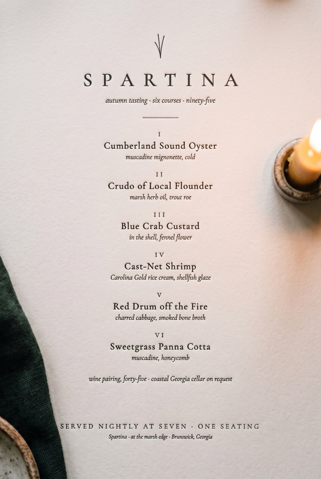 The Spartina tasting menu letterpressed into bone card stock by candlelight
