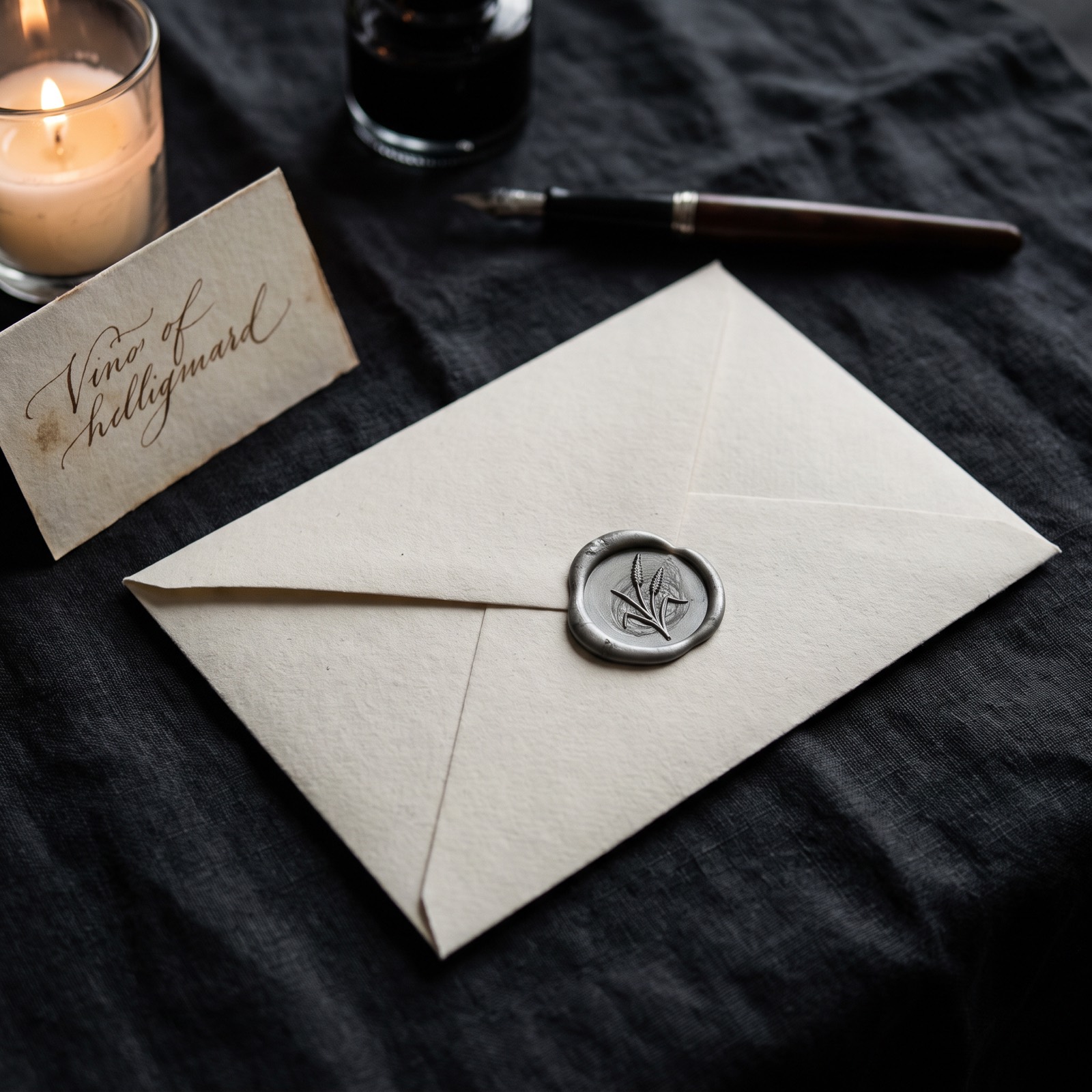 Bone envelope with pewter wax seal bearing the grass mark, beside a fountain pen and a handwritten wine card