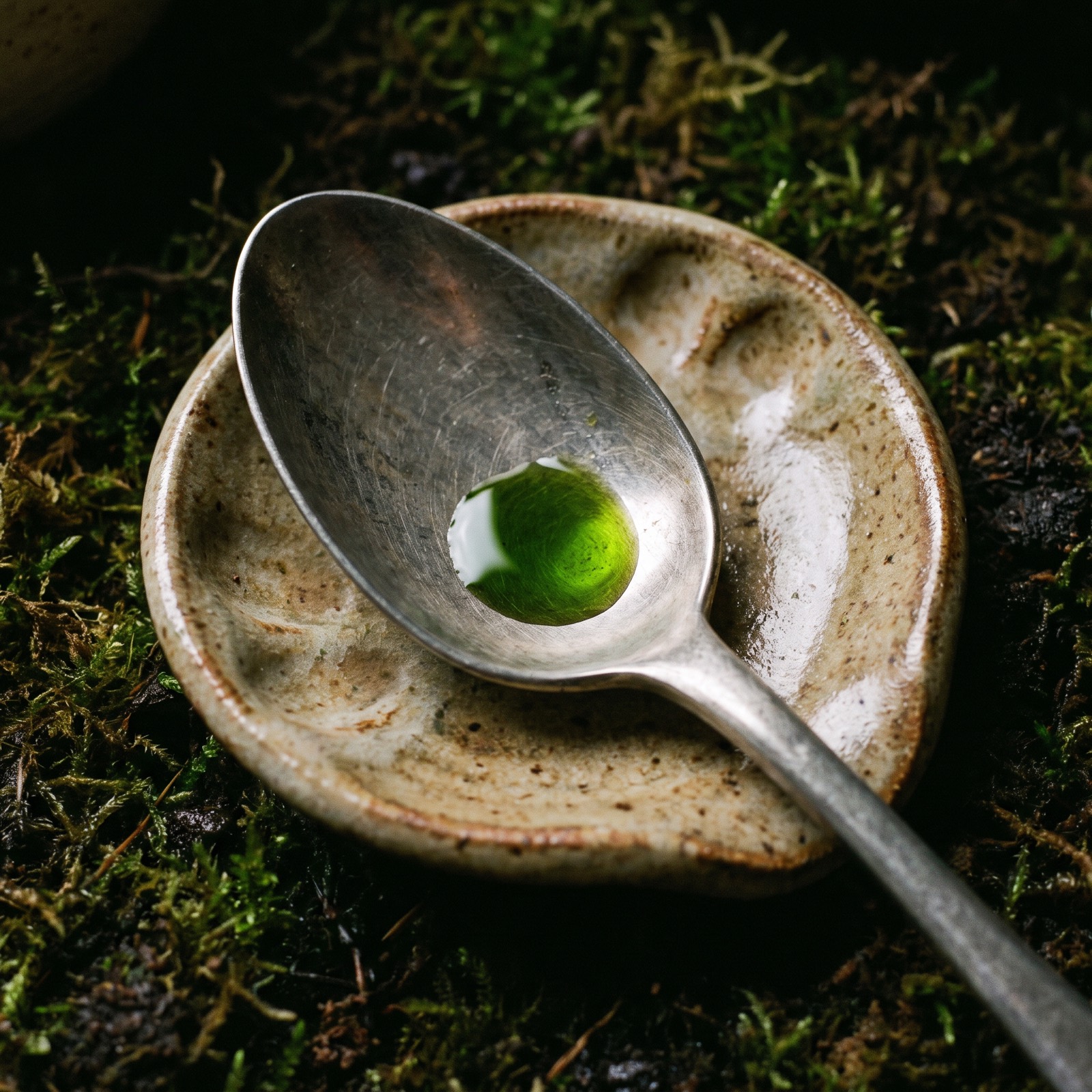 Macro of a pewter spoon holding marsh herb oil on a ceramic rest over moss