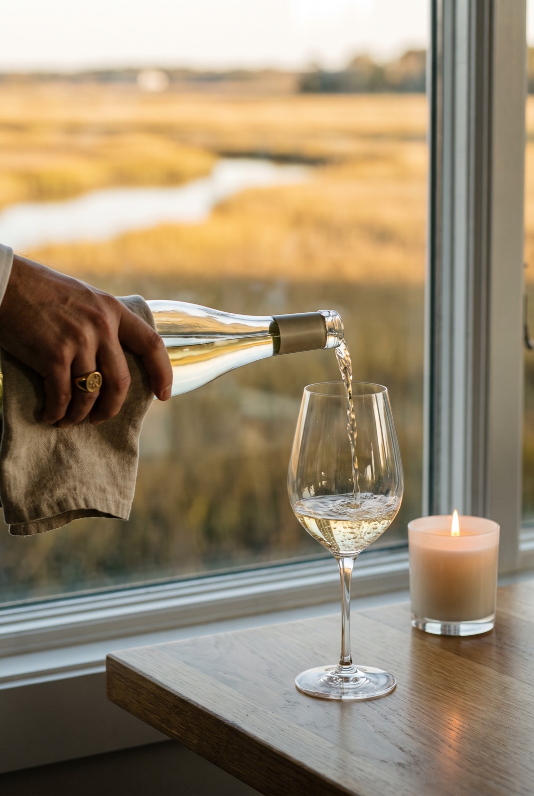 White wine being poured by the window with golden marsh grass stretching to the horizon