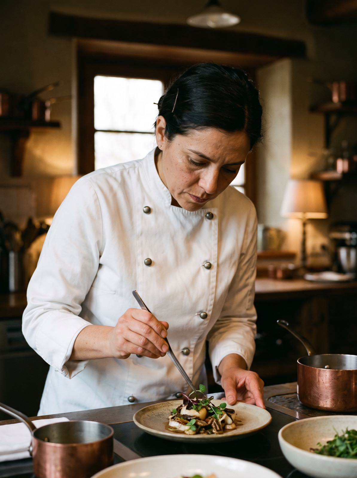 Portrait of the chef in whites plating at the copper-lined kitchen counter