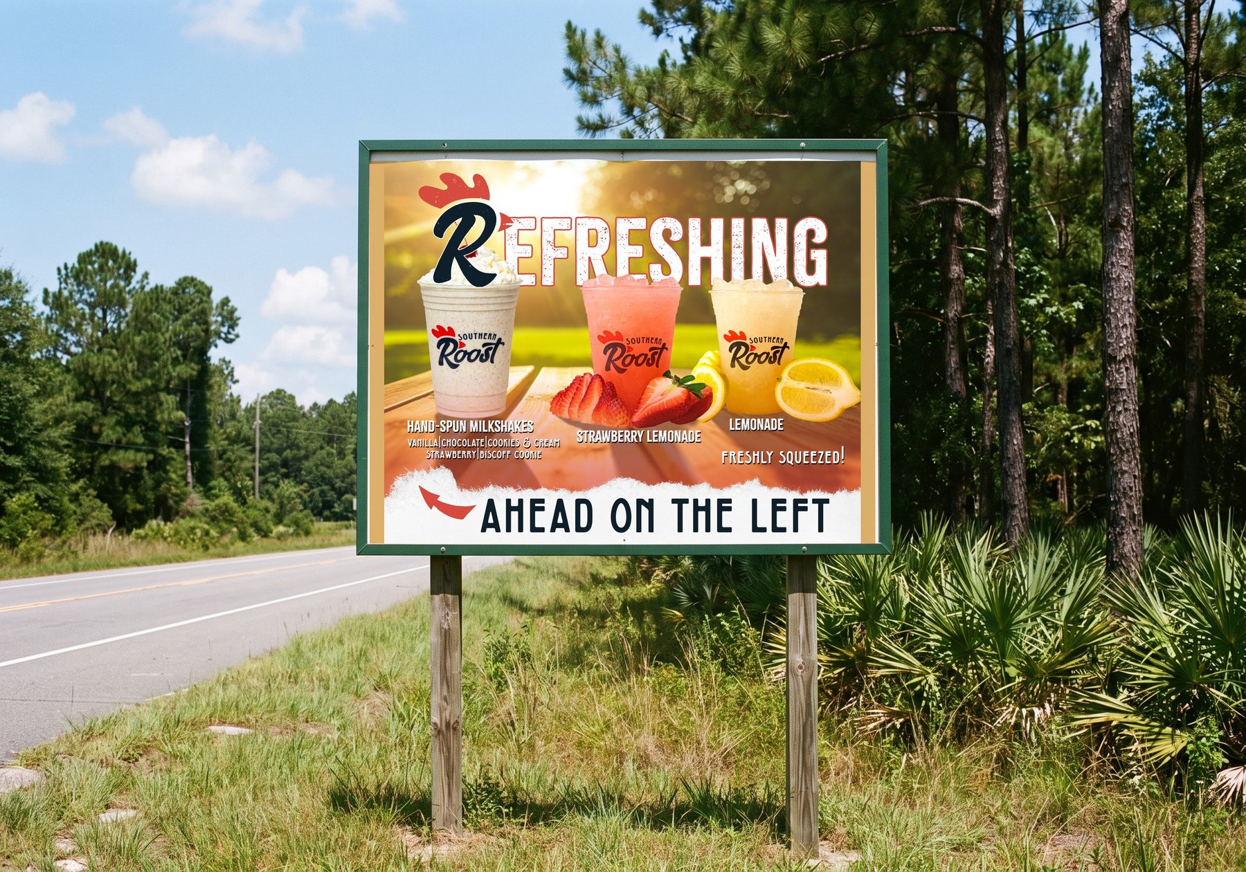 Southern Roost drinks poster board beside a rural two-lane road — milkshakes, strawberry lemonade, fresh-squeezed lemonade