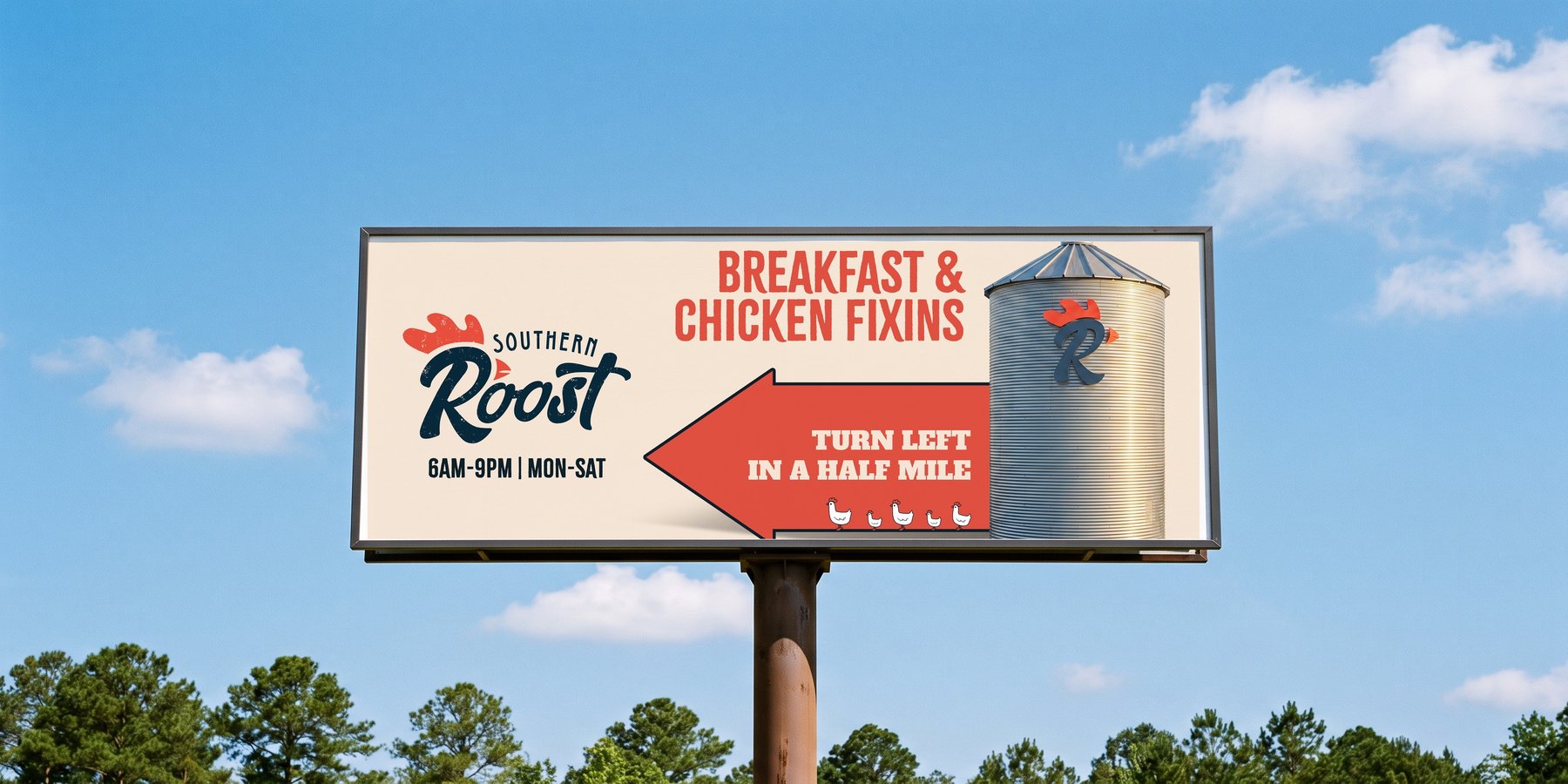 Southern Roost directional billboard on a monopole against a blue sky — breakfast and chicken fixins, turn left in a half mile