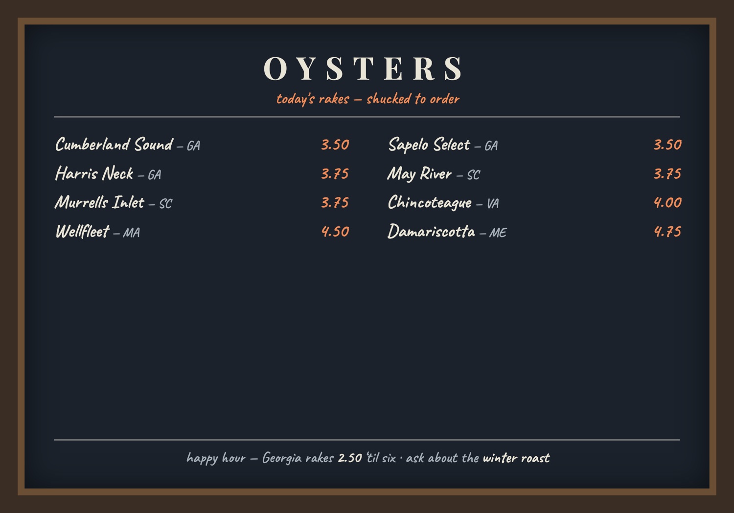 The daily oyster board artwork: chalk-style list of Georgia to Maine oysters with prices