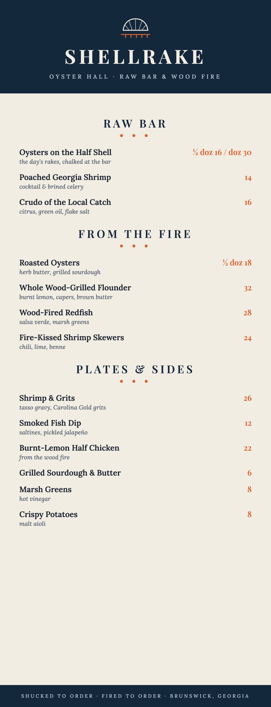 Shellrake dinner menu flat artwork: navy masthead with rake icon, Raw Bar, From the Fire, and Plates sections