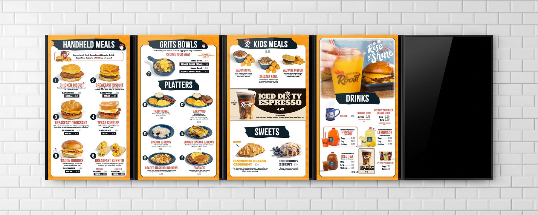 The same five vertical menu screens on the white subway tile wall, switched to the Southern Roost breakfast menu system, with a rolling breakfast promo screen