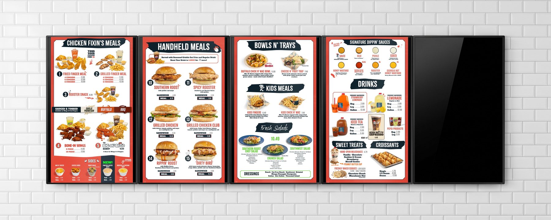 Five 55-inch vertical menu screens on a white subway tile wall showing the Southern Roost lunch and dinner menu system, with a rolling promo screen