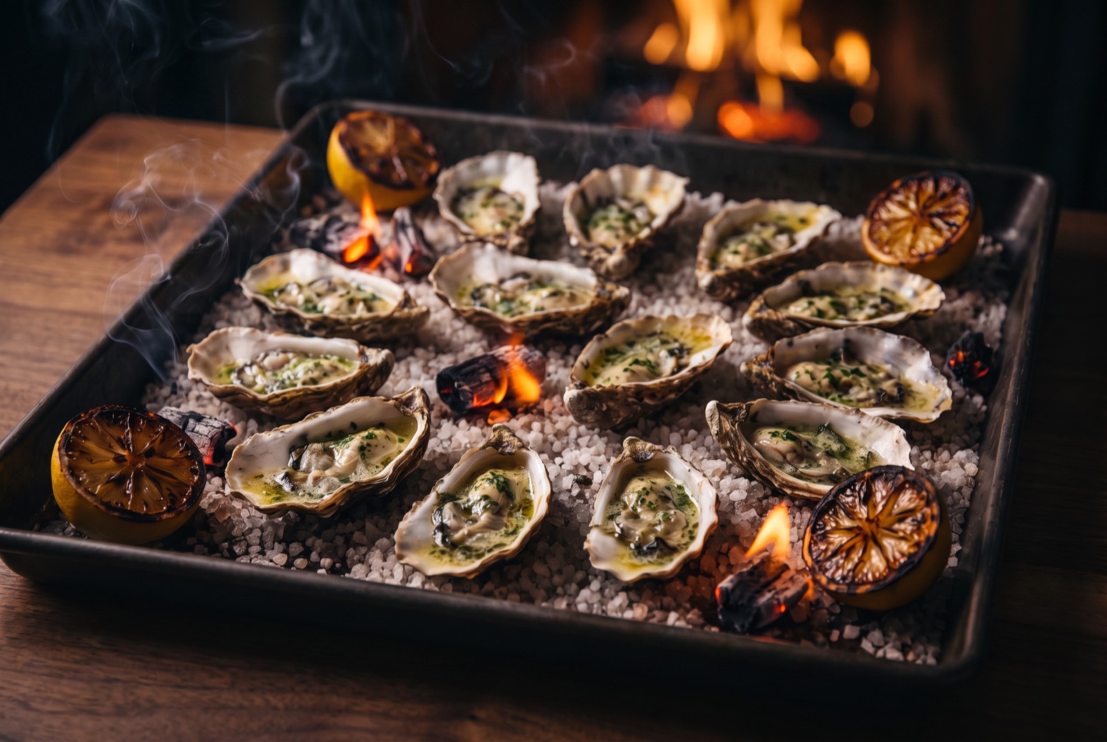 Roasted oysters with herb butter on rock salt, embers glowing
